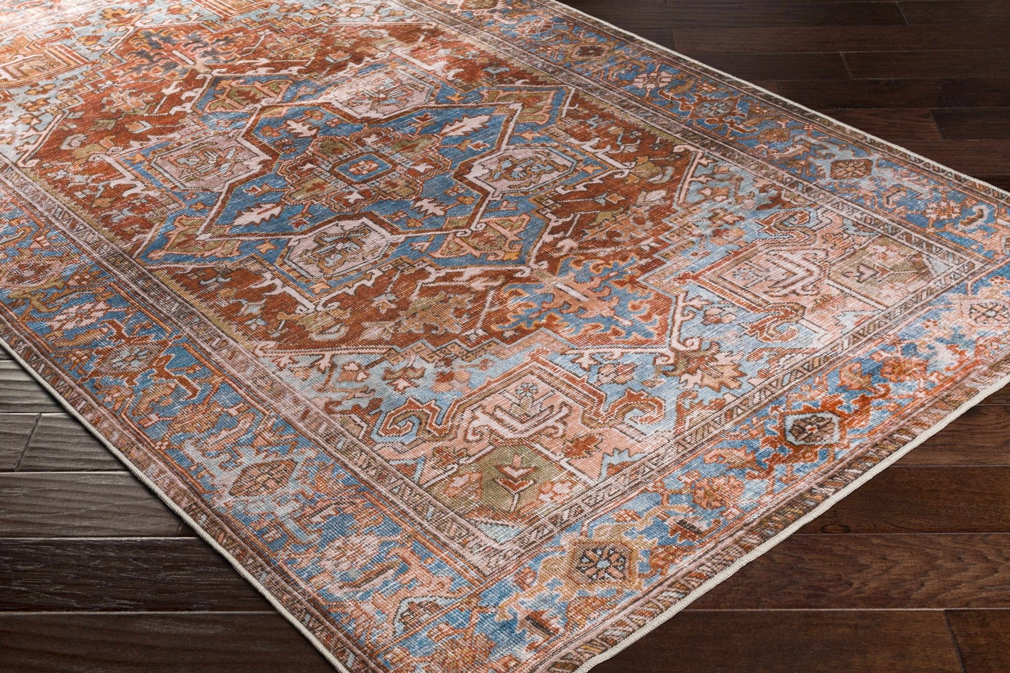 Vintage Style Rust, Blue and Ivory Traditional Medallion Washable Area Rug - Image 4