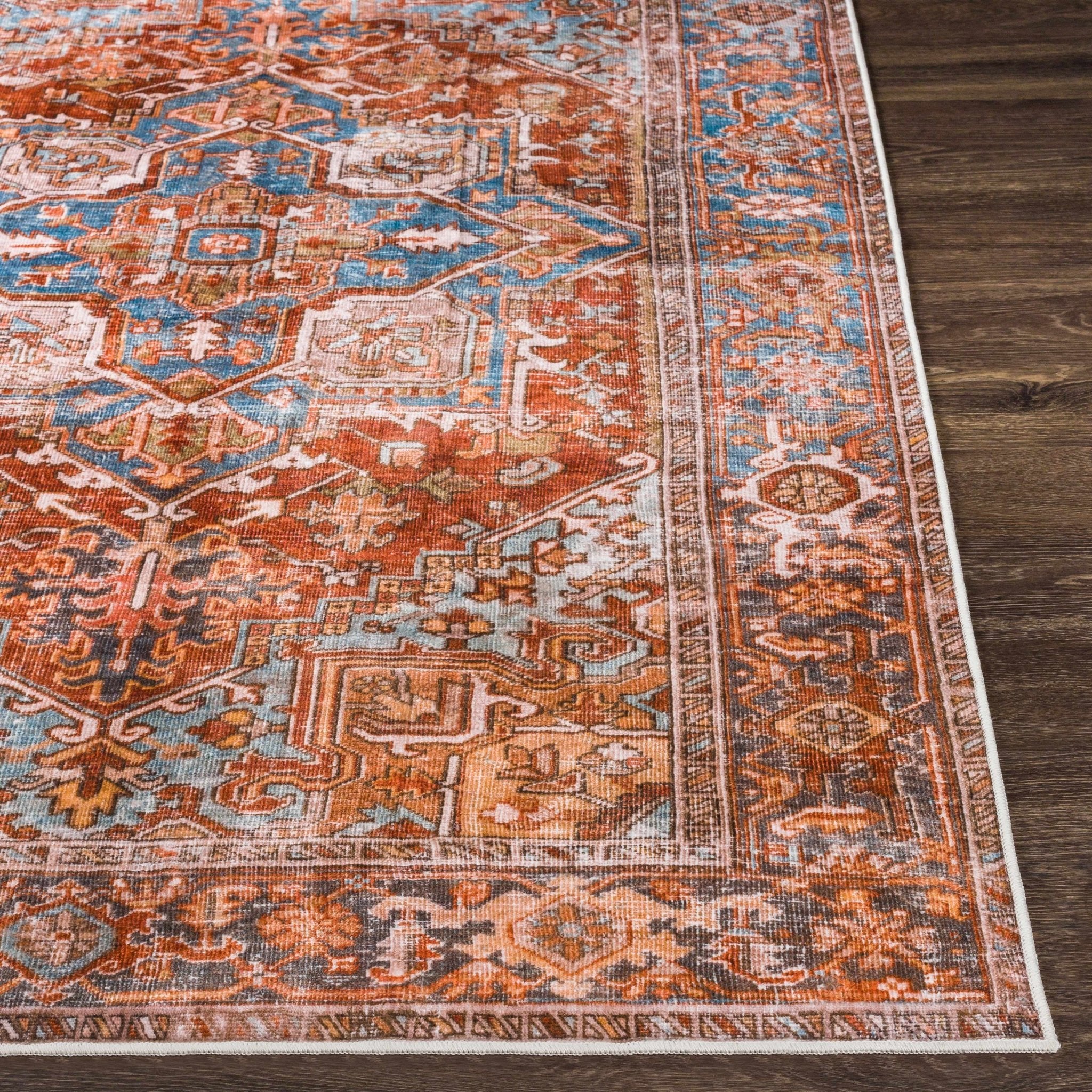Vintage Style Rust, Blue and Ivory Traditional Medallion Washable Area Rug - Image 6