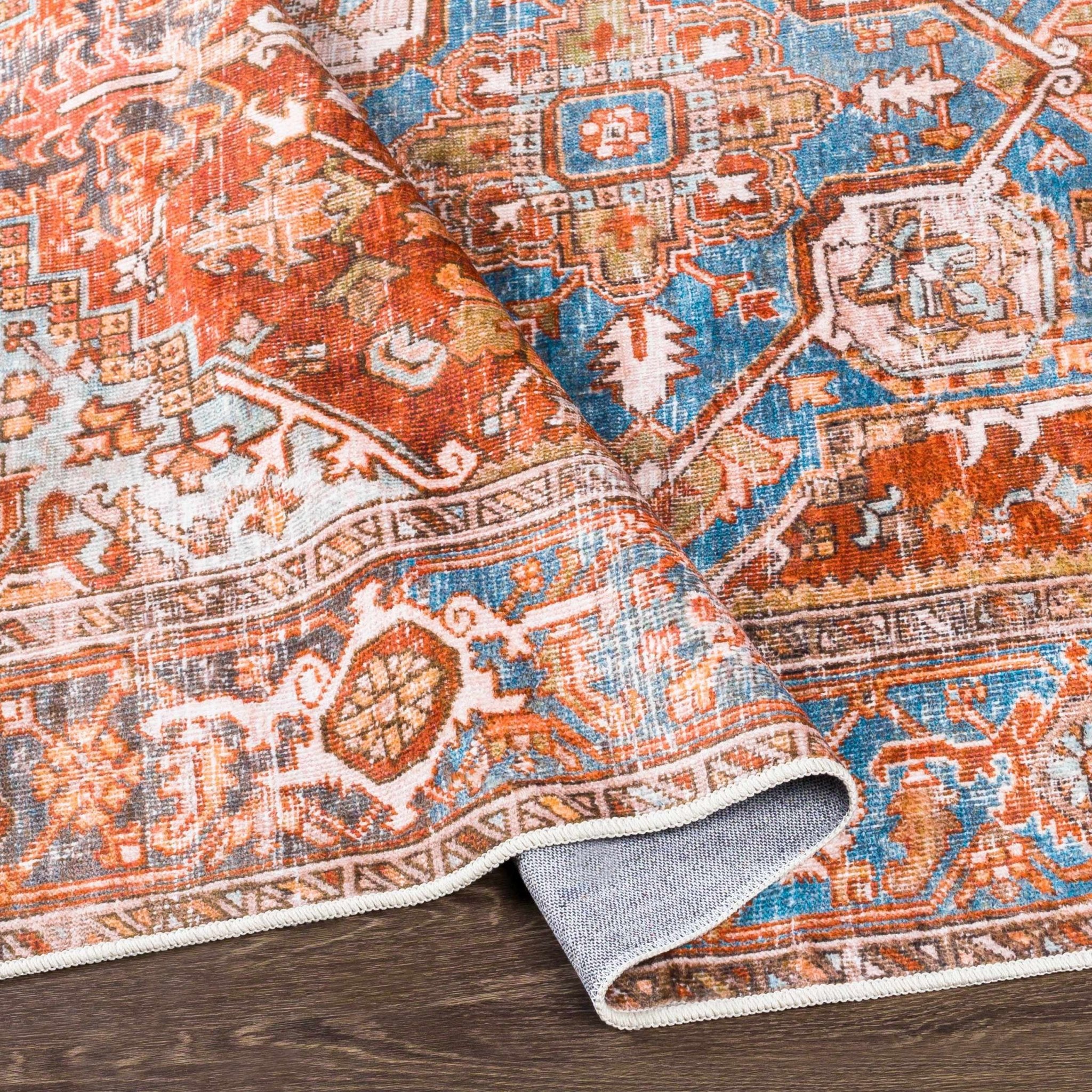 Vintage Style Rust, Blue and Ivory Traditional Medallion Washable Area Rug - Image 7