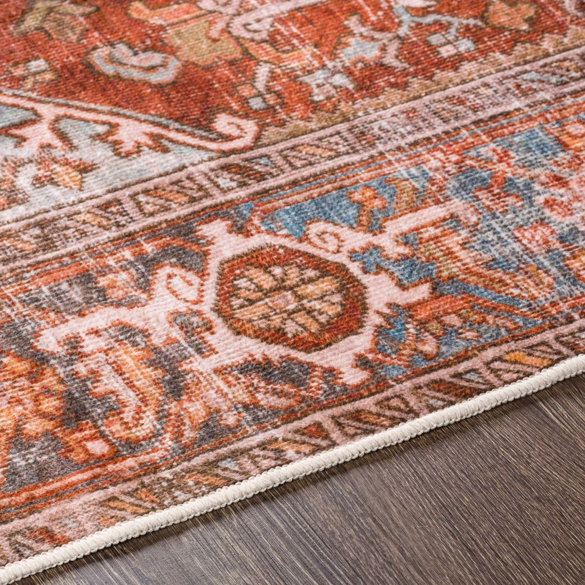 Vintage Style Rust, Blue and Ivory Traditional Medallion Washable Area Rug - Image 8