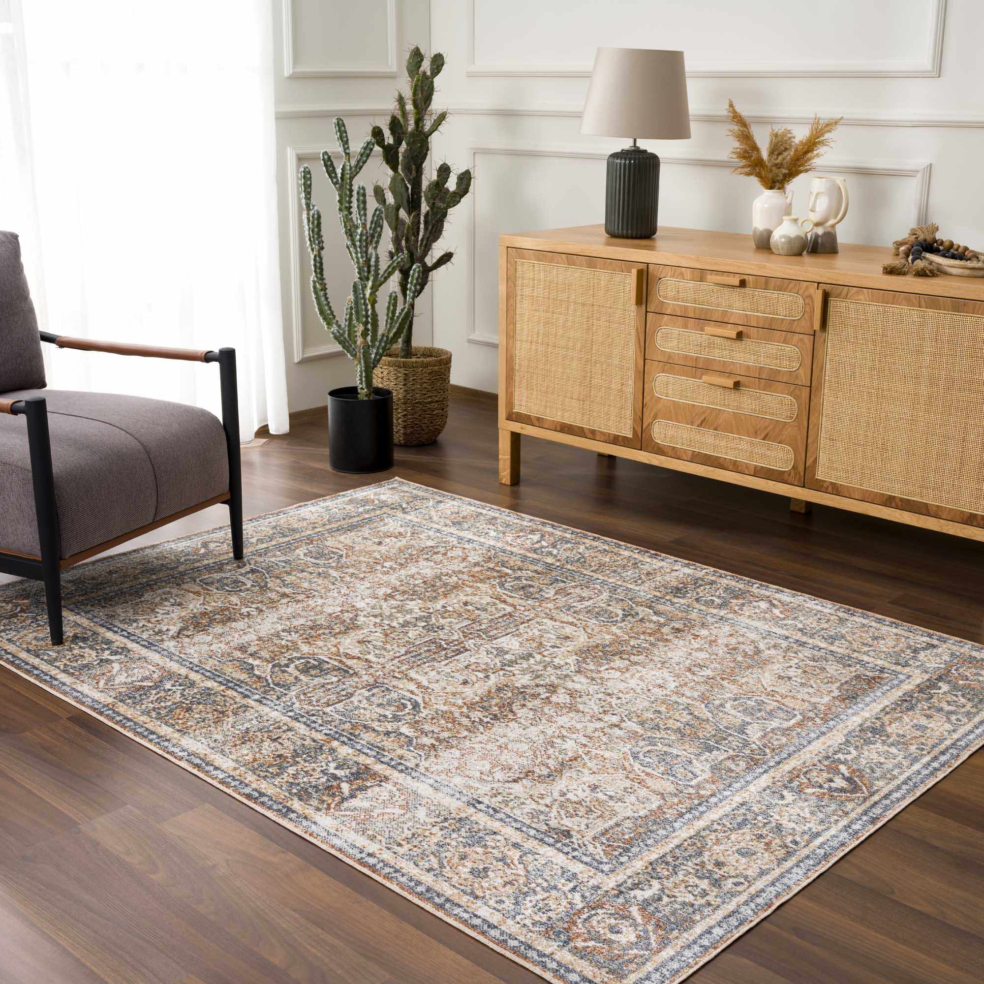Vintage style Rust, Charcoal and Beige Traditional Design washable rug - Image 14
