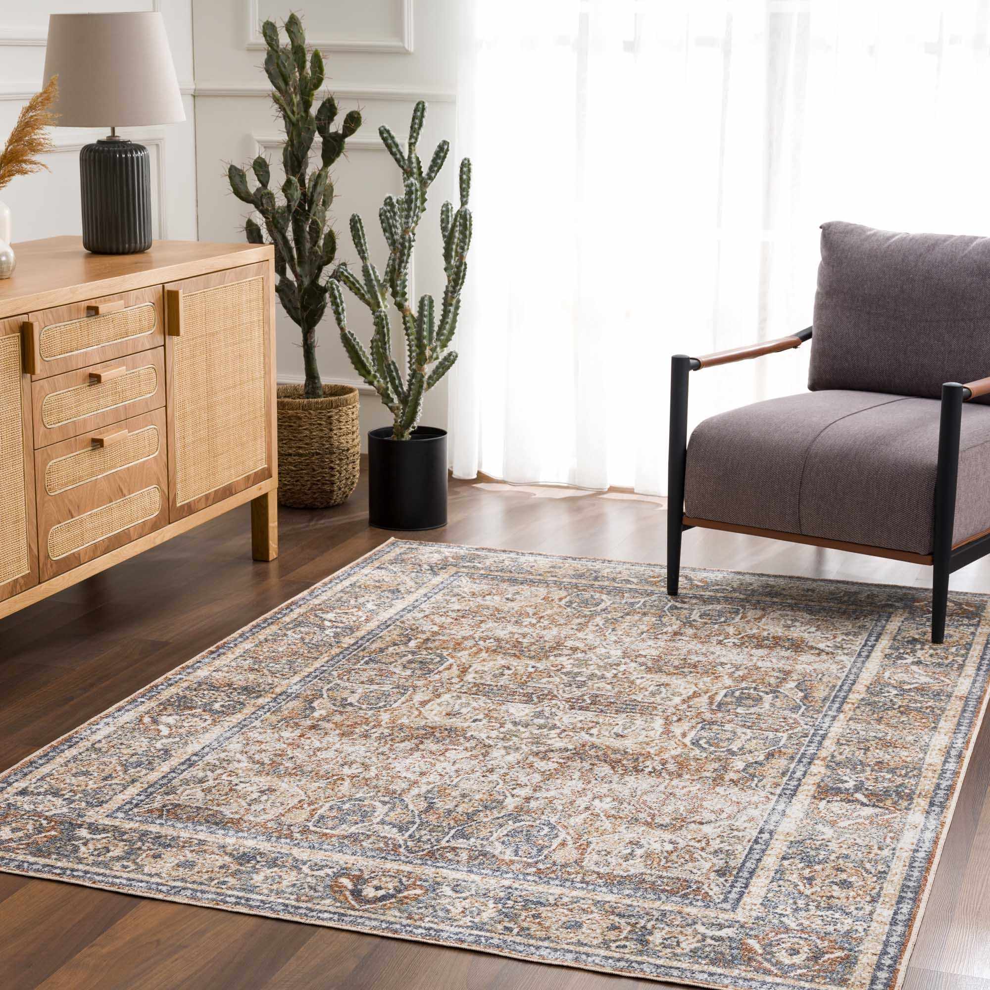 Vintage style Rust, Charcoal and Beige Traditional Design washable rug - Image 15