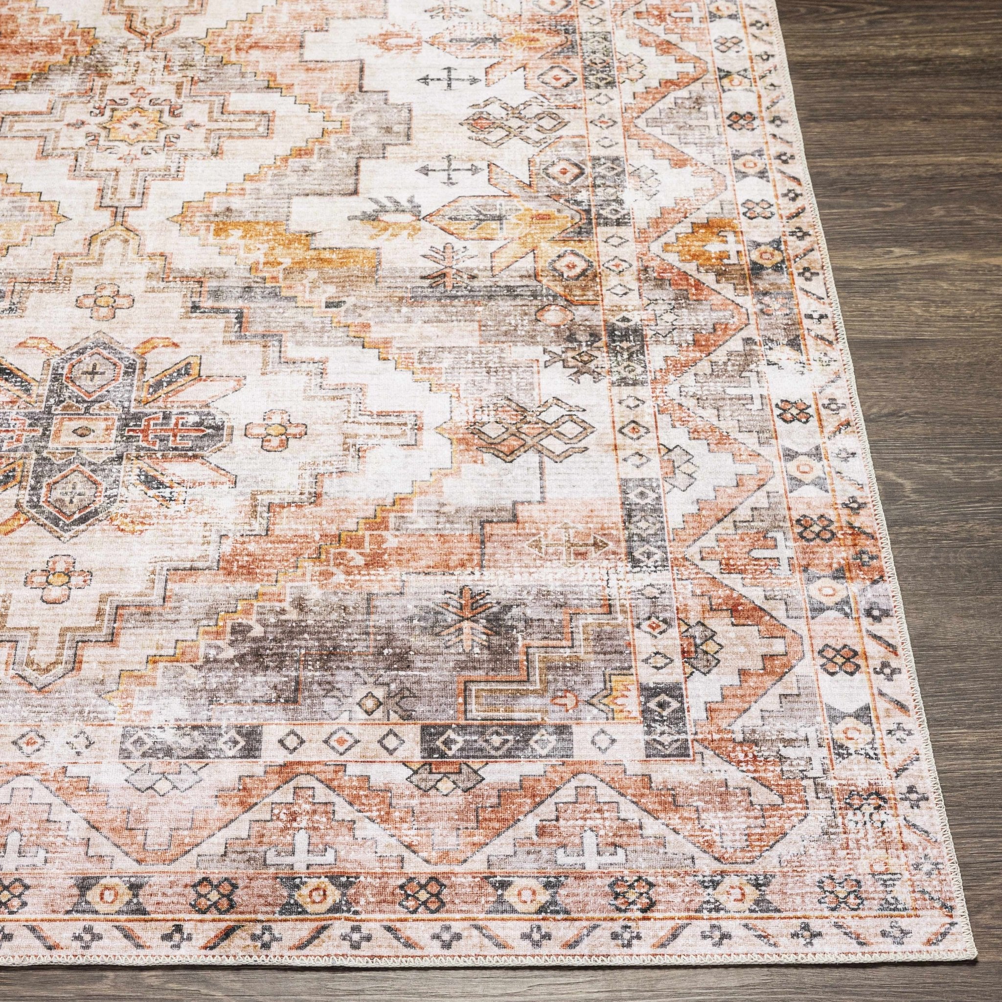 Vintage Style Machine woven Rust, Ivory, Charcoal and Gold Traditional Washable Area Rug - Image 10