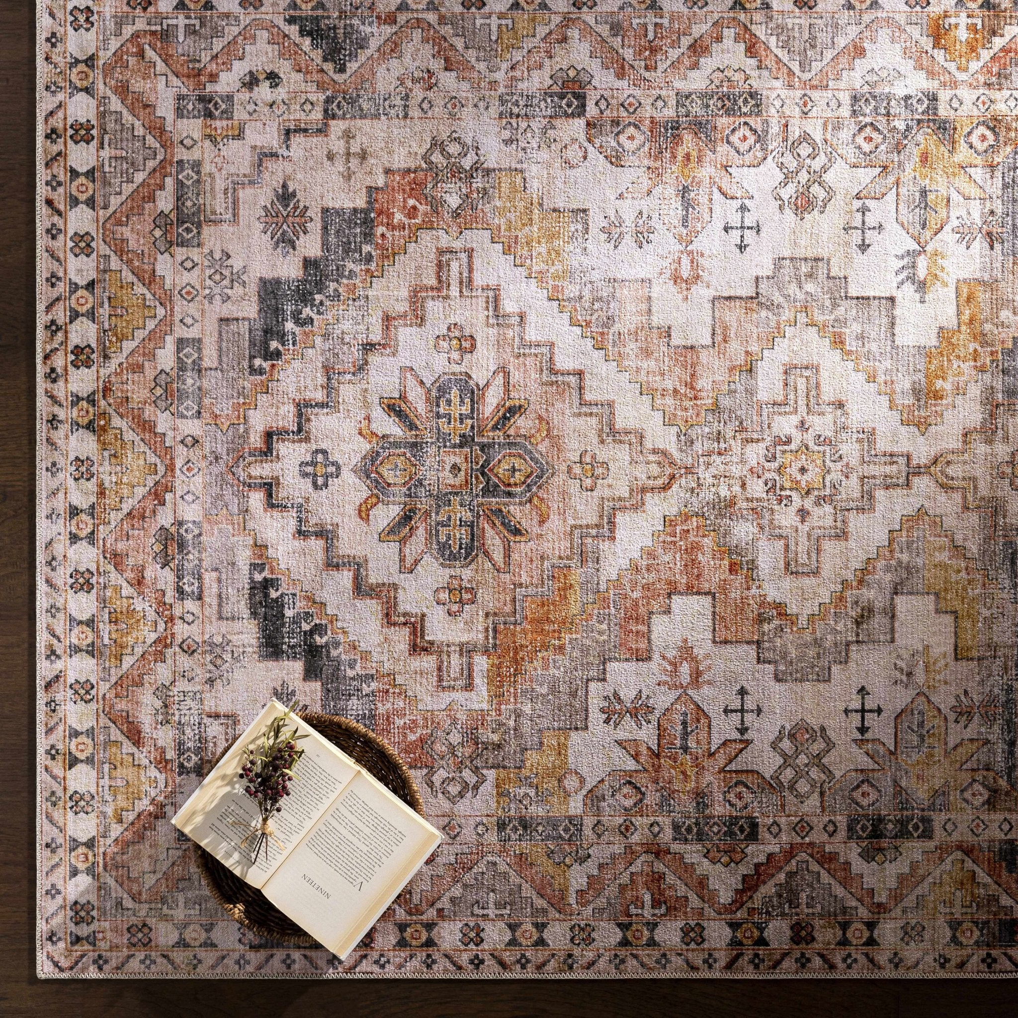 Vintage Style Machine woven Rust, Ivory, Charcoal and Gold Traditional Washable Area Rug - Image 3