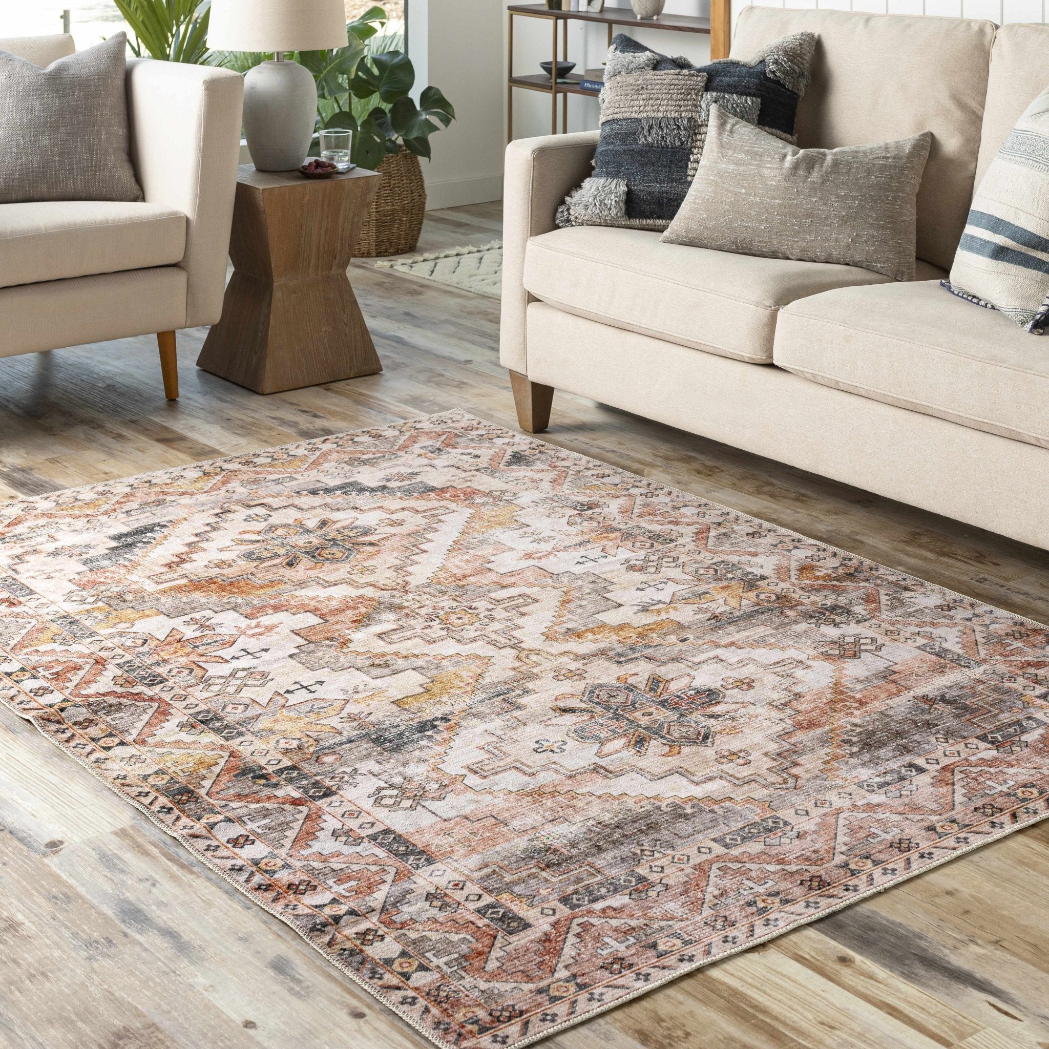 Vintage Style Machine woven Rust, Ivory, Charcoal and Gold Traditional Washable Area Rug - Image 4