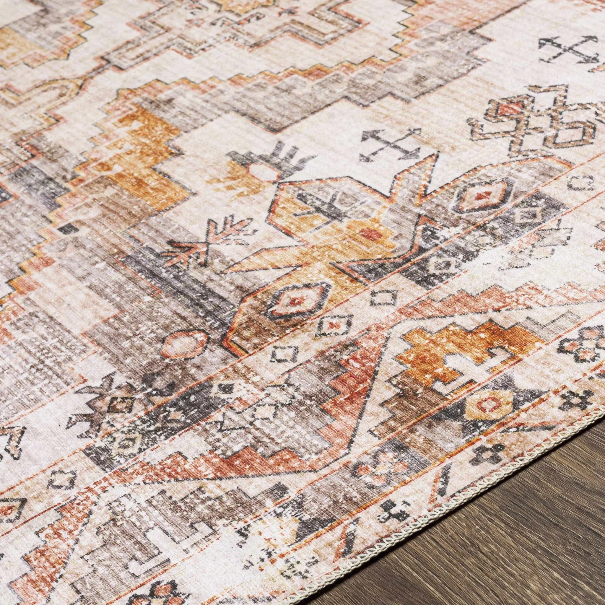 Vintage Style Machine woven Rust, Ivory, Charcoal and Gold Traditional Washable Area Rug - Image 7