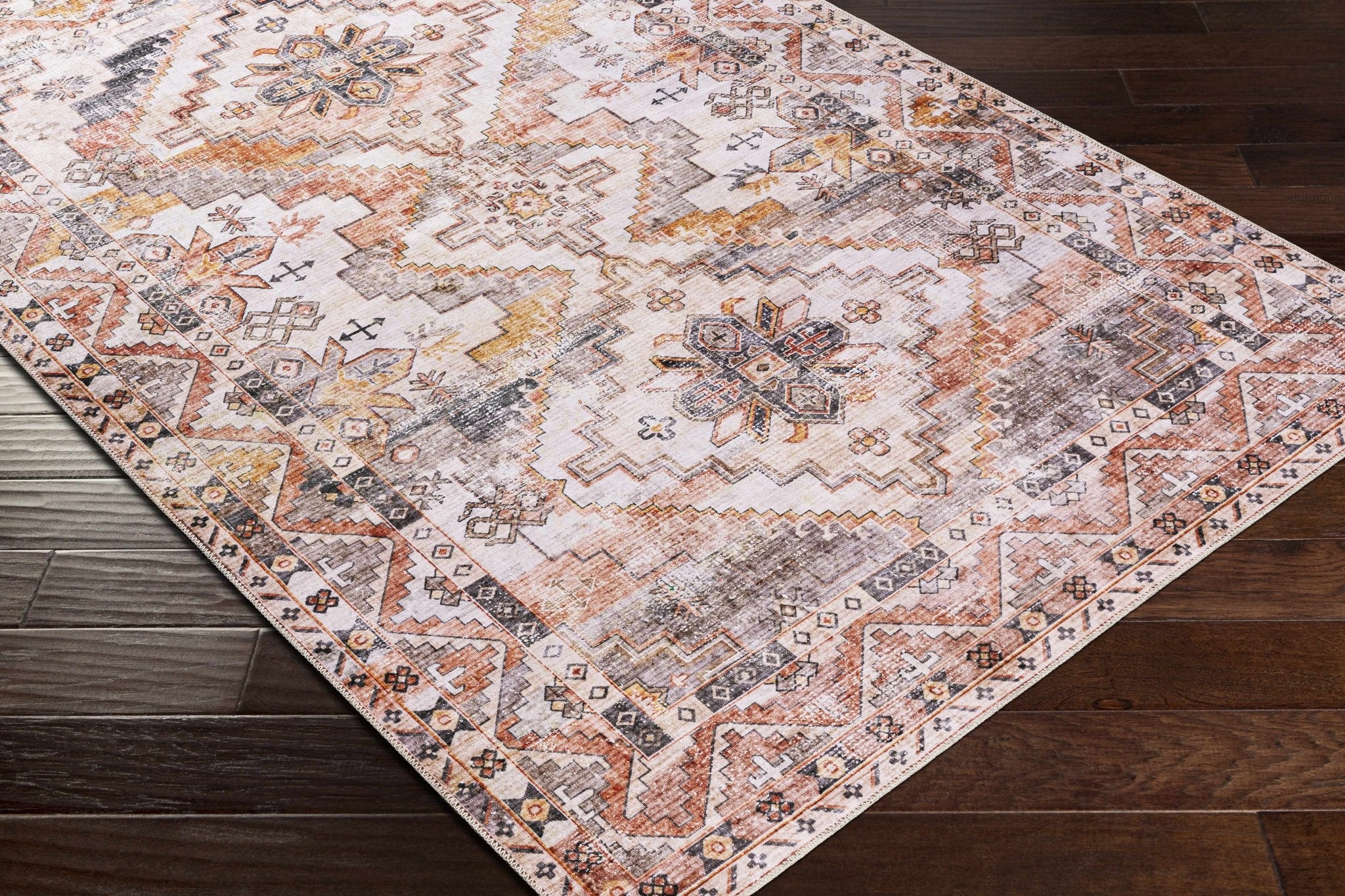 Vintage Style Machine woven Rust, Ivory, Charcoal and Gold Traditional Washable Area Rug - Image 9