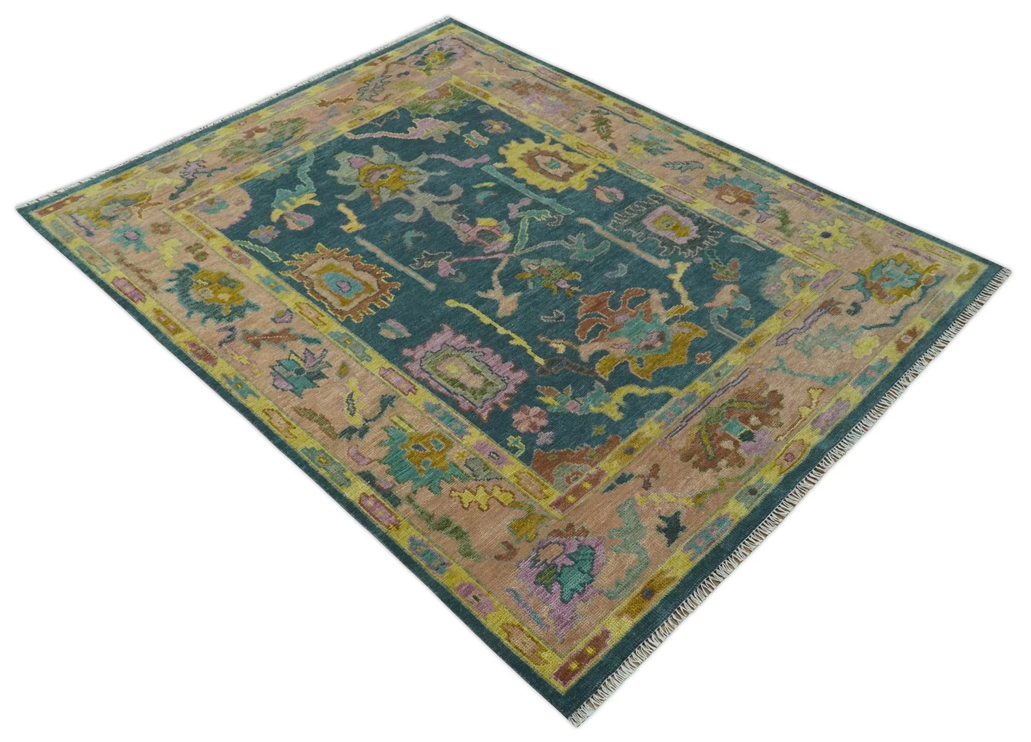 Teal, Peach and Mustard Hand Knotted Oriental Oushak 8x10 wool area Rug - Image 10
