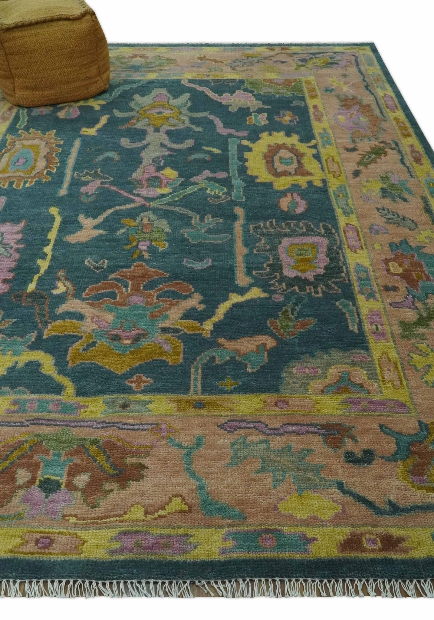 Teal, Peach and Mustard Hand Knotted Oriental Oushak 8x10 wool area Rug - Image 3