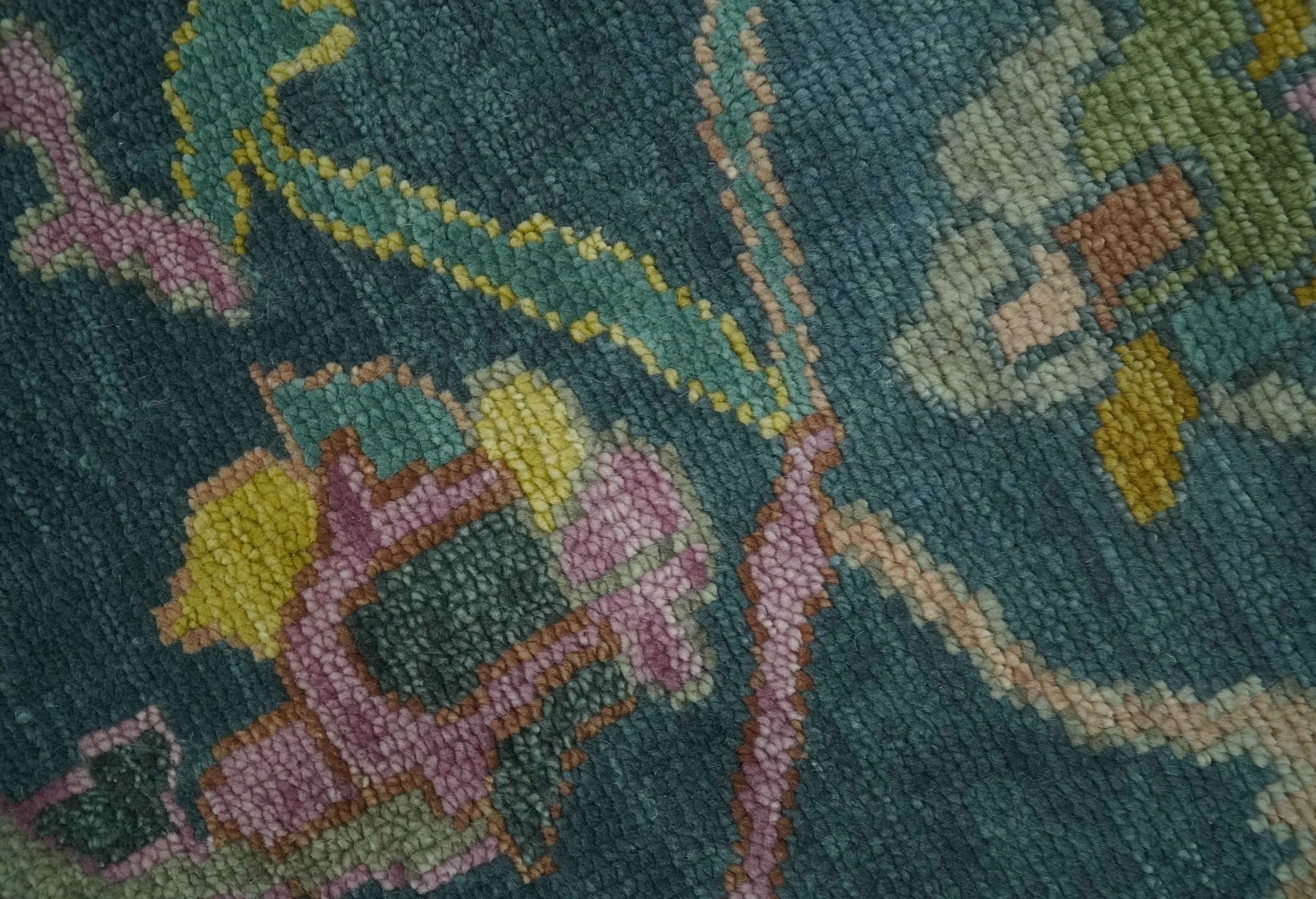 Teal, Peach and Mustard Hand Knotted Oriental Oushak 8x10 wool area Rug - Image 4