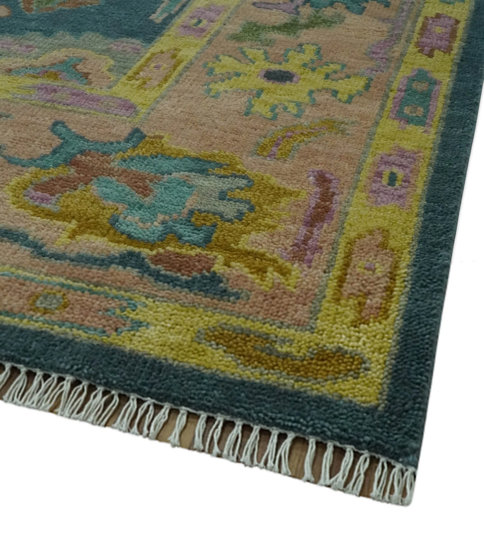 Teal, Peach and Mustard Hand Knotted Oriental Oushak 8x10 wool area Rug - Image 5