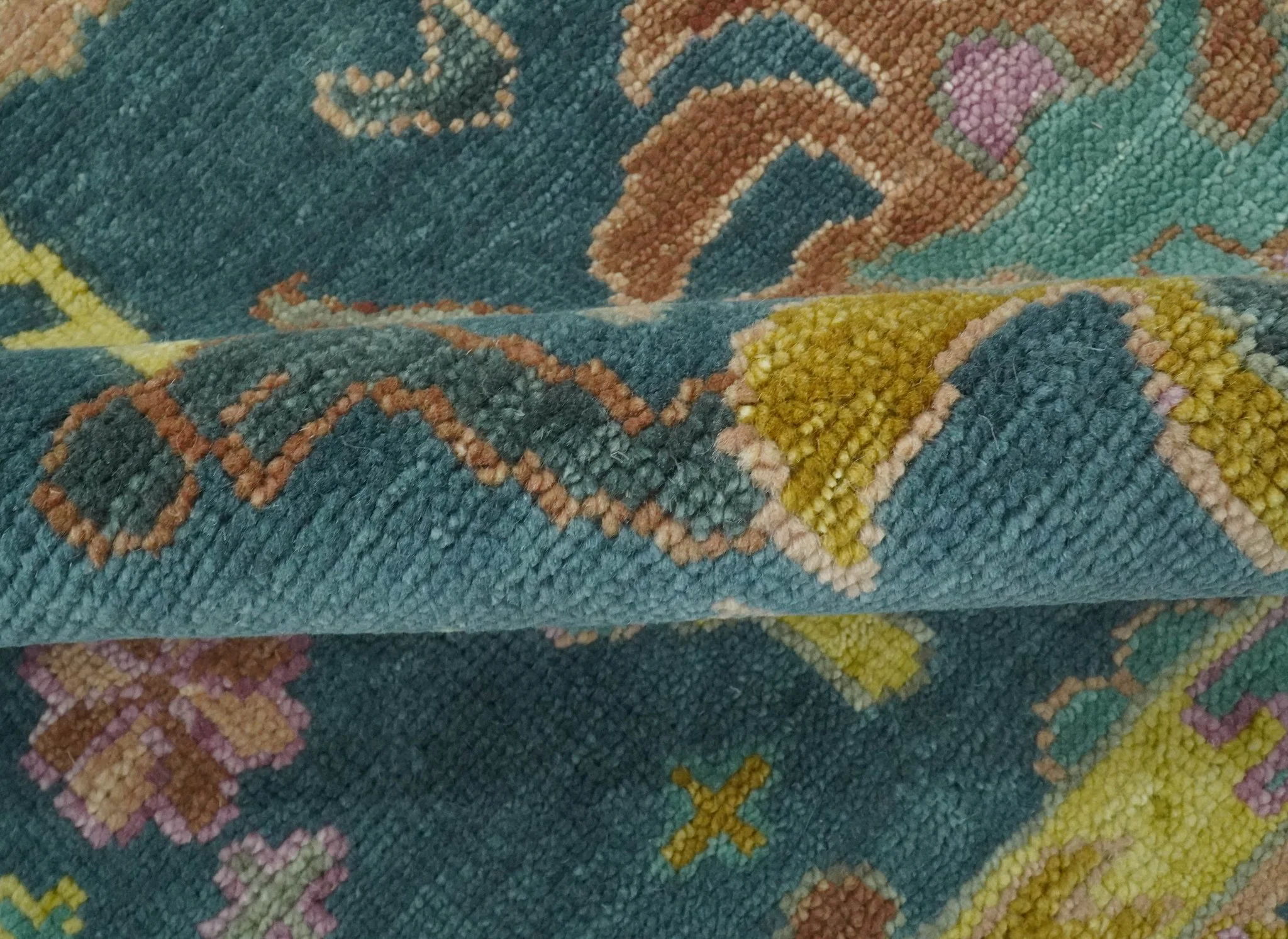Teal, Peach and Mustard Hand Knotted Oriental Oushak 8x10 wool area Rug - Image 6