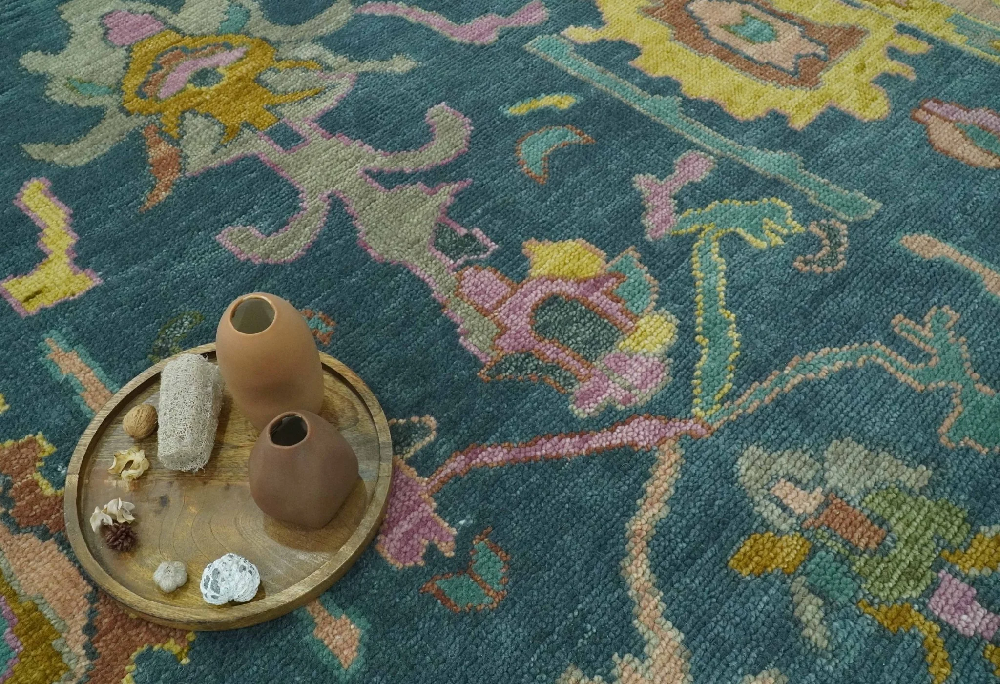Teal, Peach and Mustard Hand Knotted Oriental Oushak 8x10 wool area Rug - Image 7