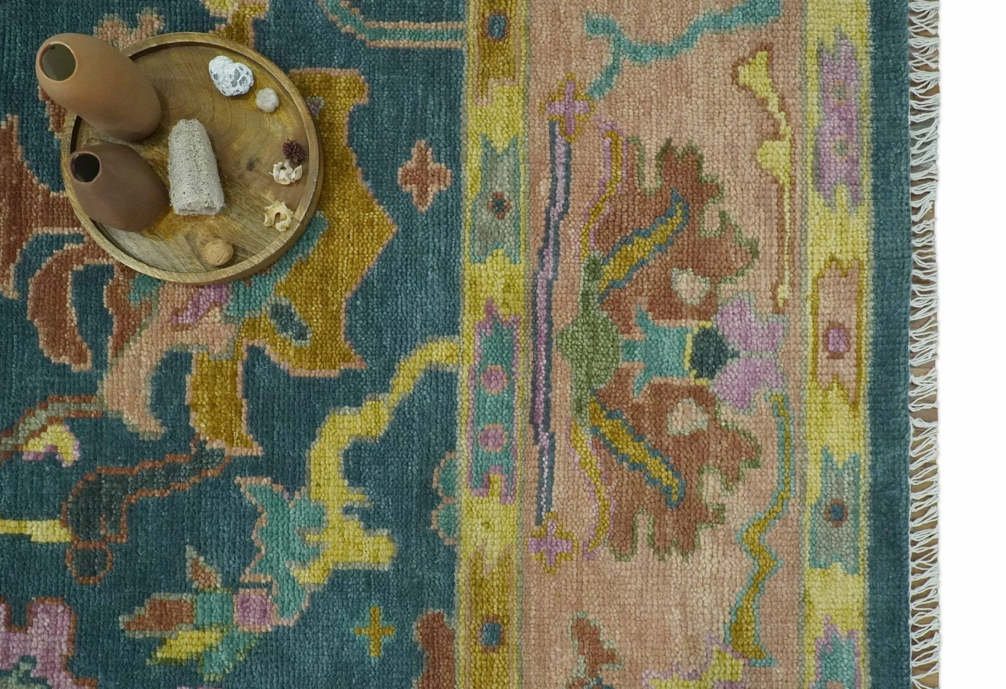 Teal, Peach and Mustard Hand Knotted Oriental Oushak 8x10 wool area Rug - Image 8
