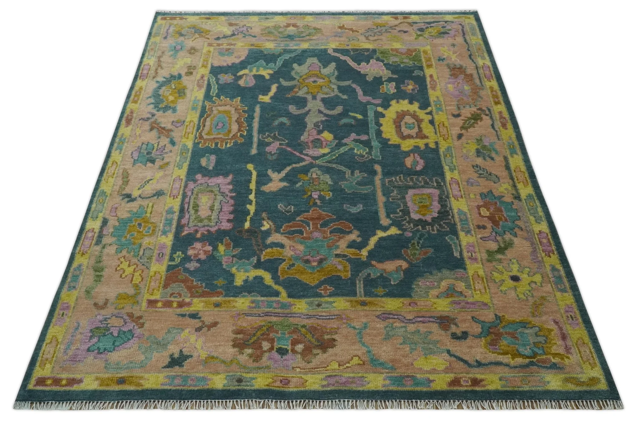 Teal, Peach and Mustard Hand Knotted Oriental Oushak 8x10 wool area Rug - Image 9