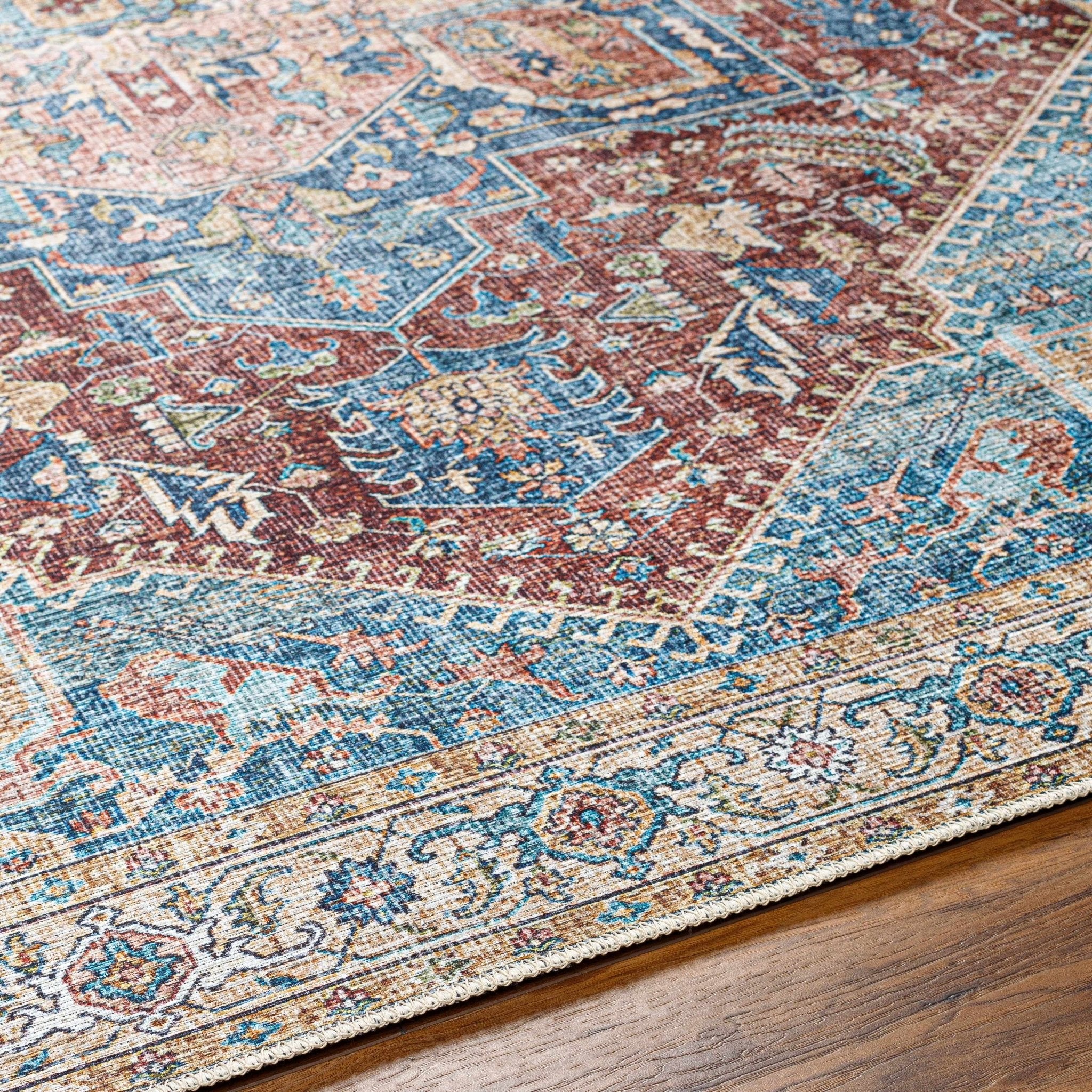 Vintage Design Traditional Brown, Blue and Gold Washable Area Rug - Image 10