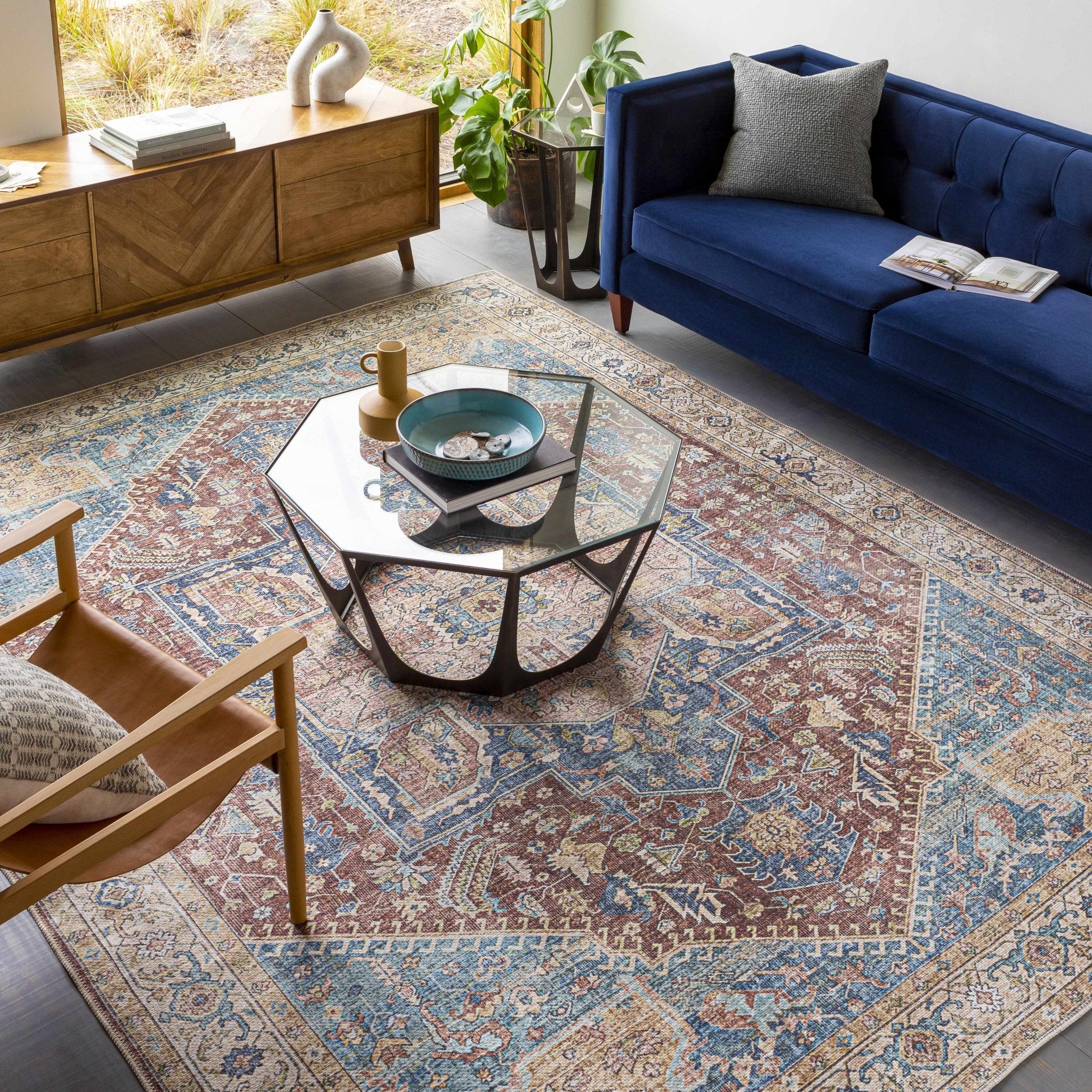 Vintage Design Traditional Brown, Blue and Gold Washable Area Rug - Image 12