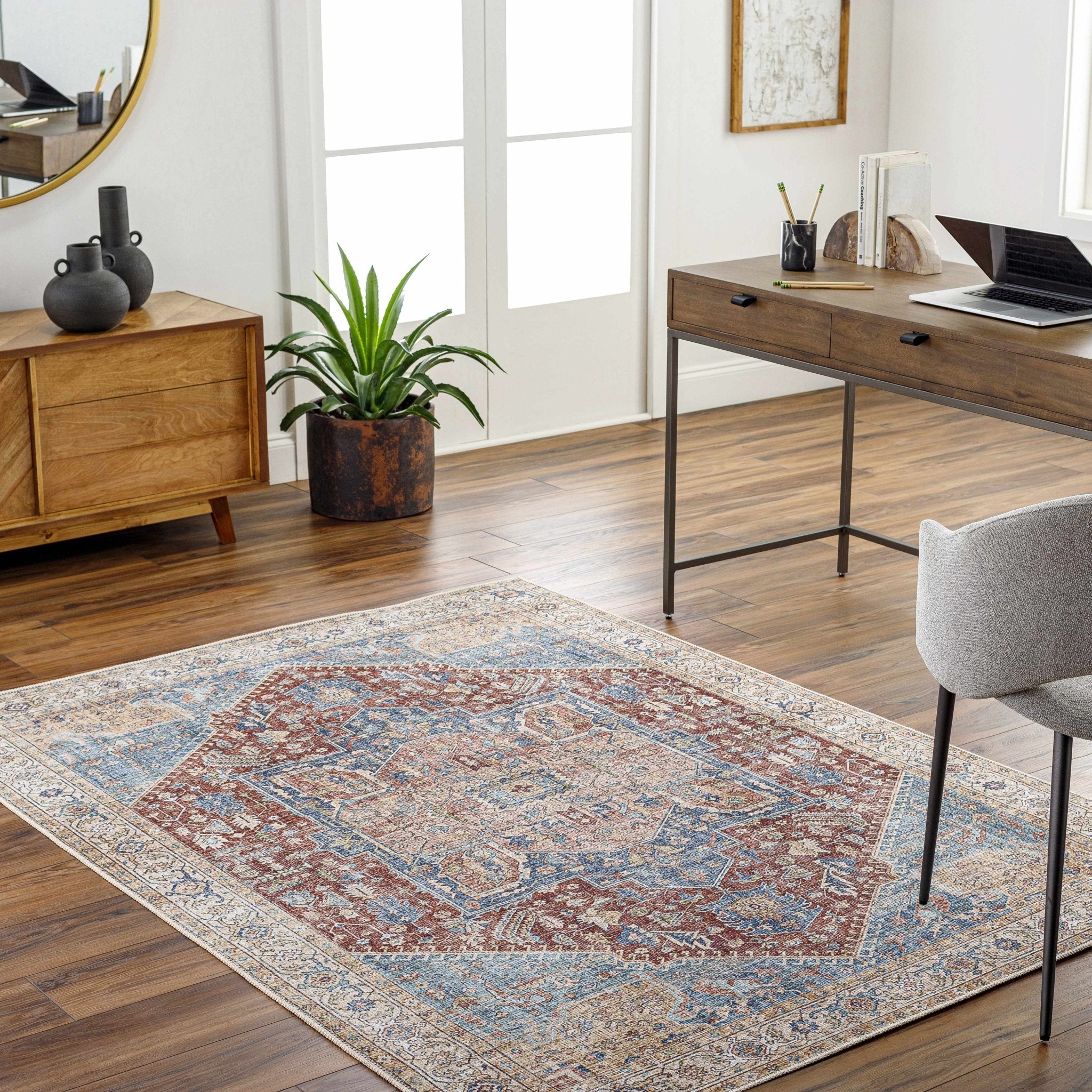 Vintage Design Traditional Brown, Blue and Gold Washable Area Rug - Image 13