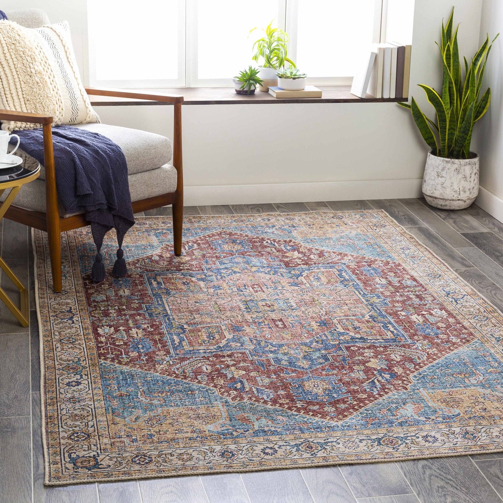 Vintage Design Traditional Brown, Blue and Gold Washable Area Rug - Image 2