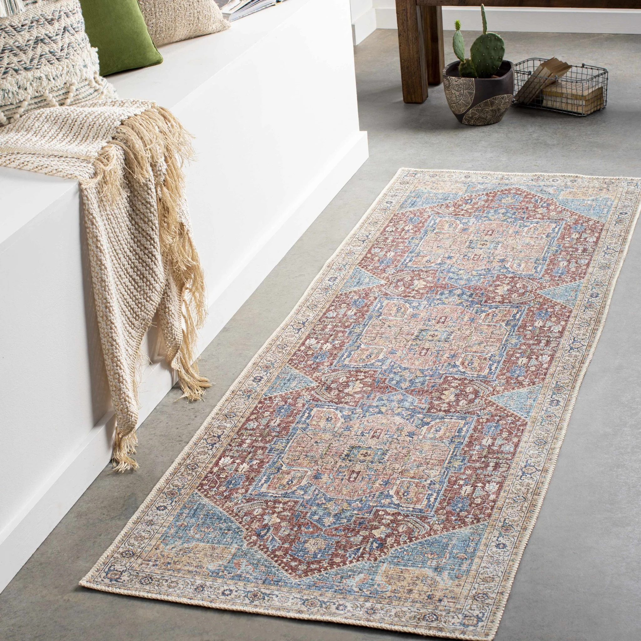 Vintage Design Traditional Brown, Blue and Gold Washable Area Rug - Image 3