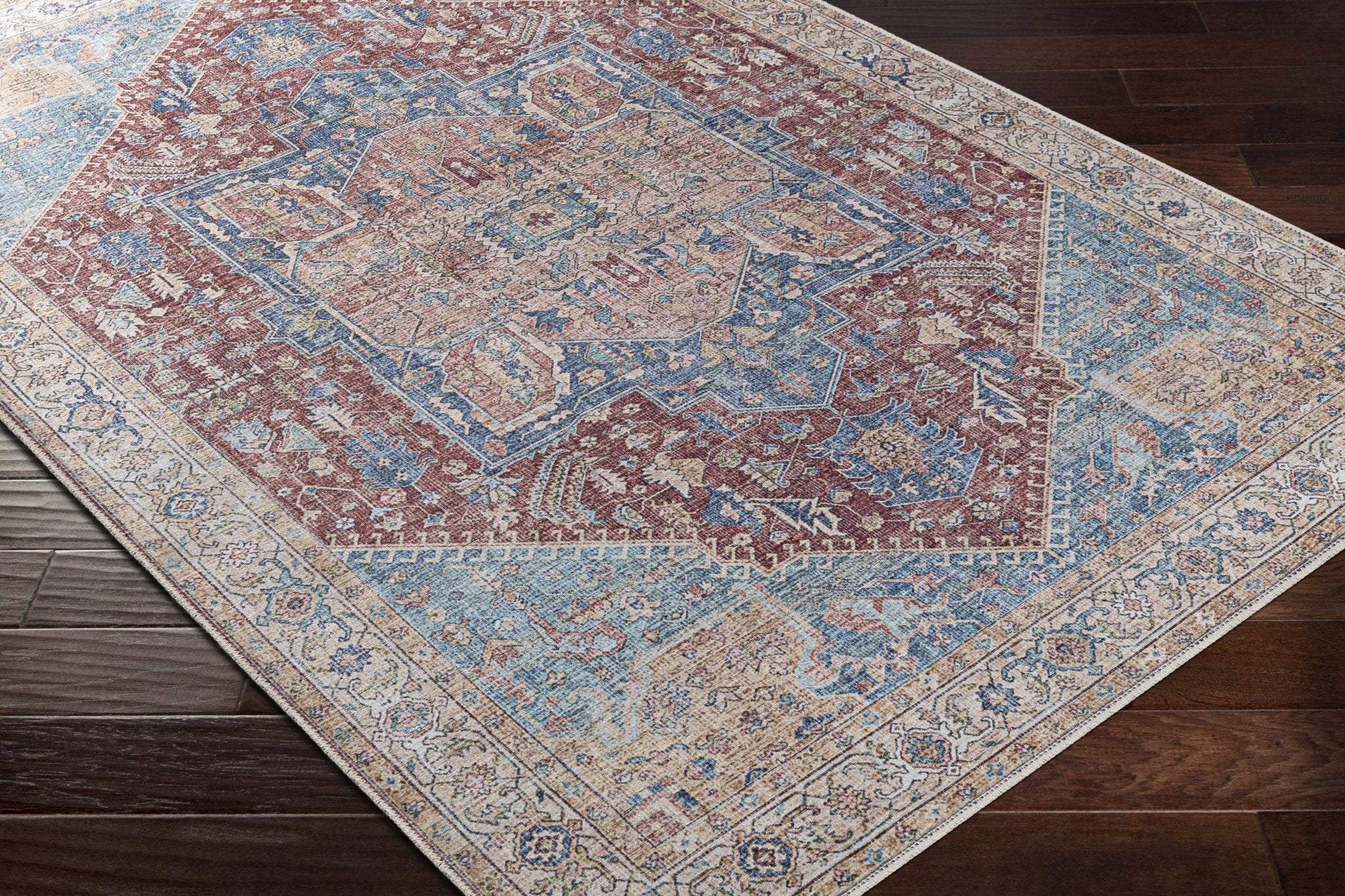 Vintage Design Traditional Brown, Blue and Gold Washable Area Rug - Image 5
