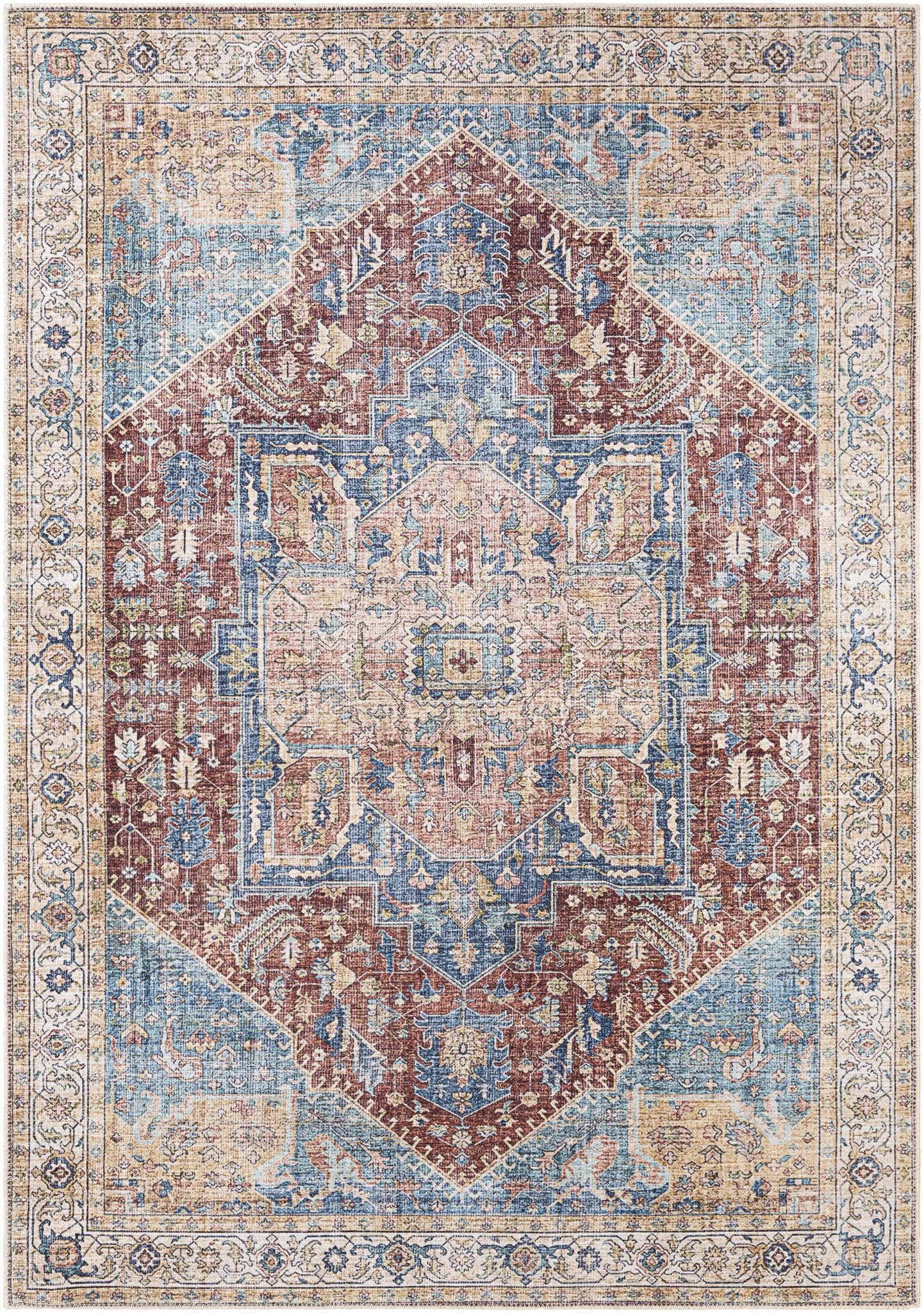 Vintage Design Traditional Brown, Blue and Gold Washable Area Rug - Image 7