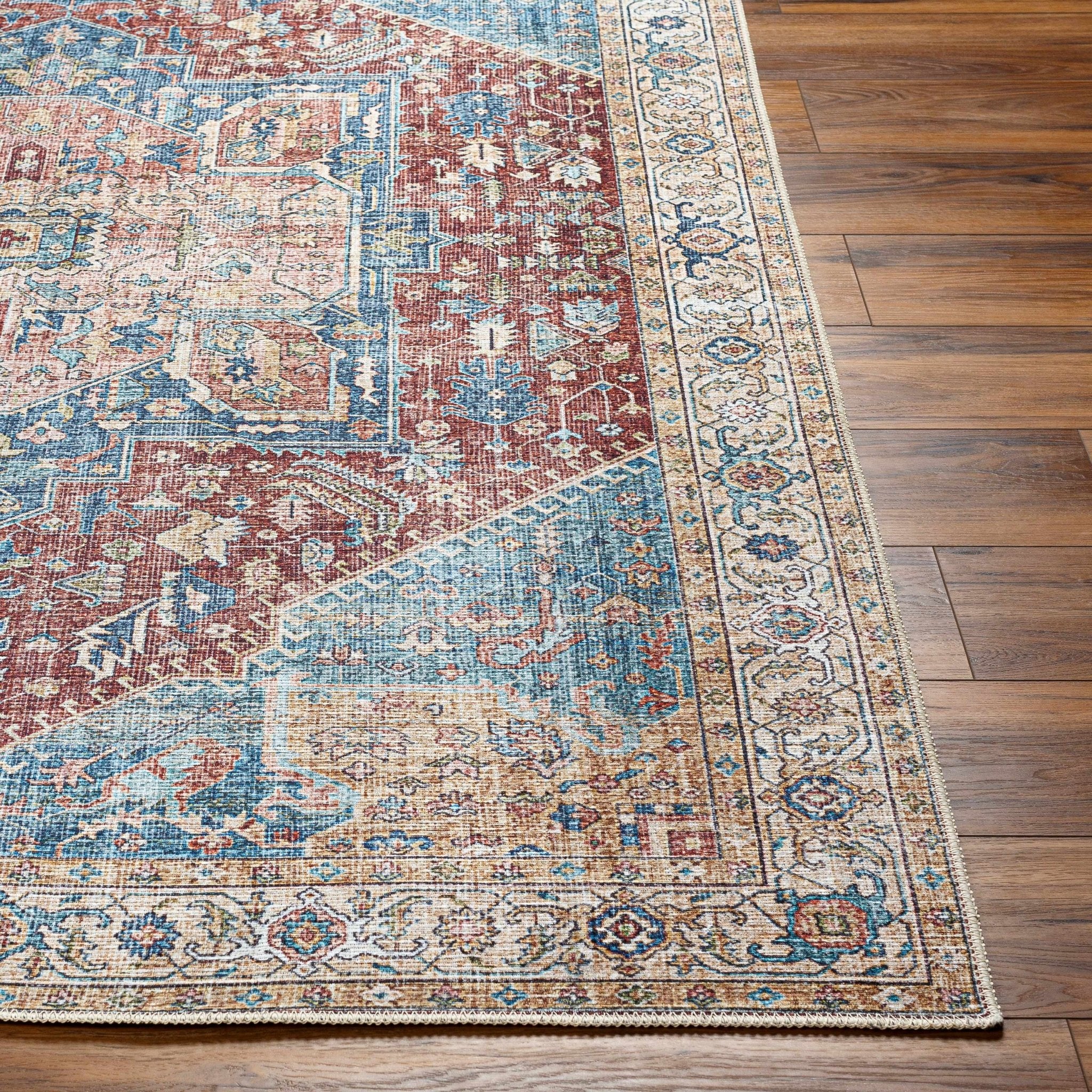 Vintage Design Traditional Brown, Blue and Gold Washable Area Rug - Image 8