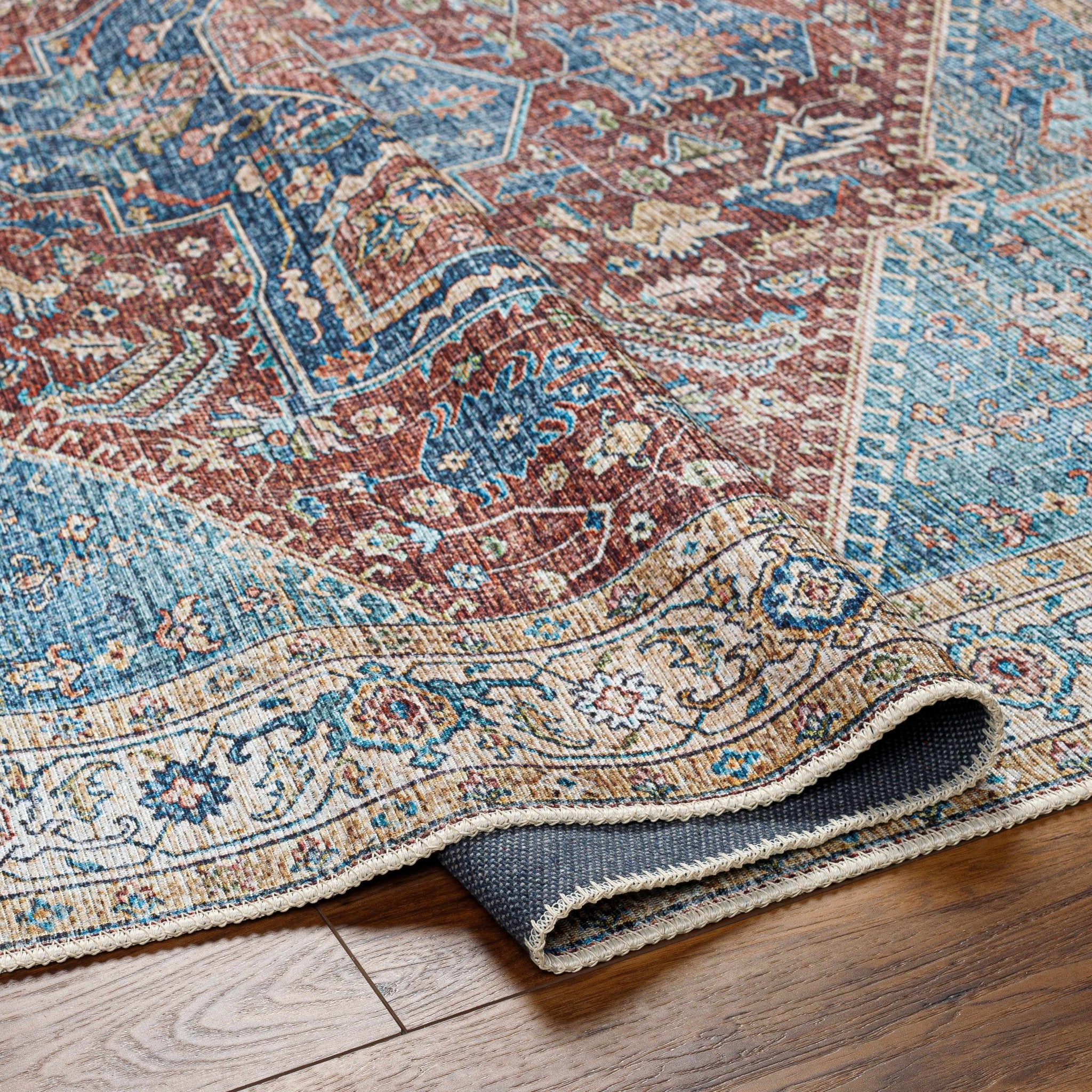 Vintage Design Traditional Brown, Blue and Gold Washable Area Rug - Image 9