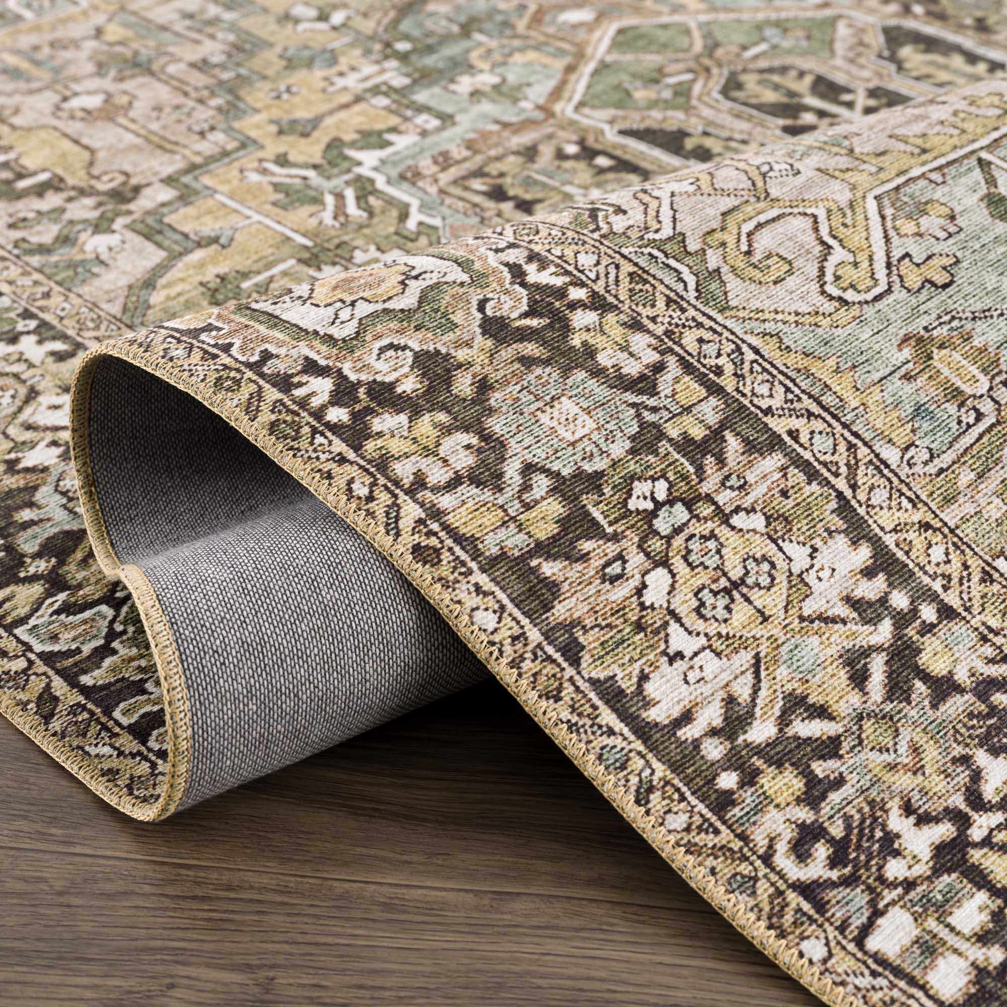 Vintage Style Traditional Heriz Medallion Green, Tan and Charcoal area rug - Image 12