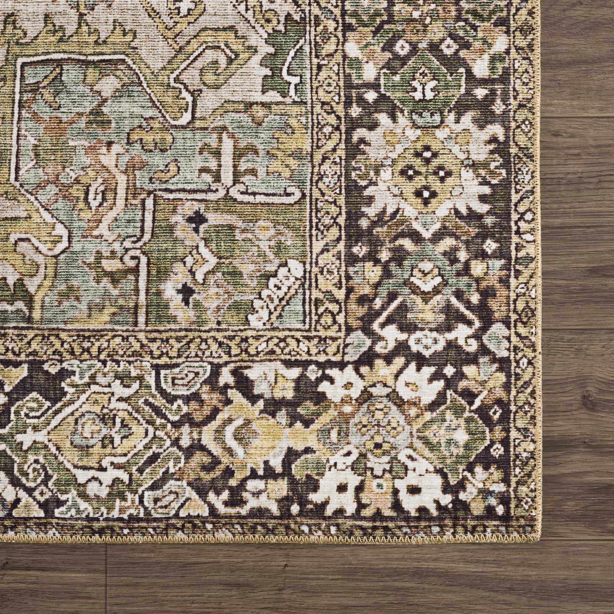 Vintage Style Traditional Heriz Medallion Green, Tan and Charcoal area rug - Image 13