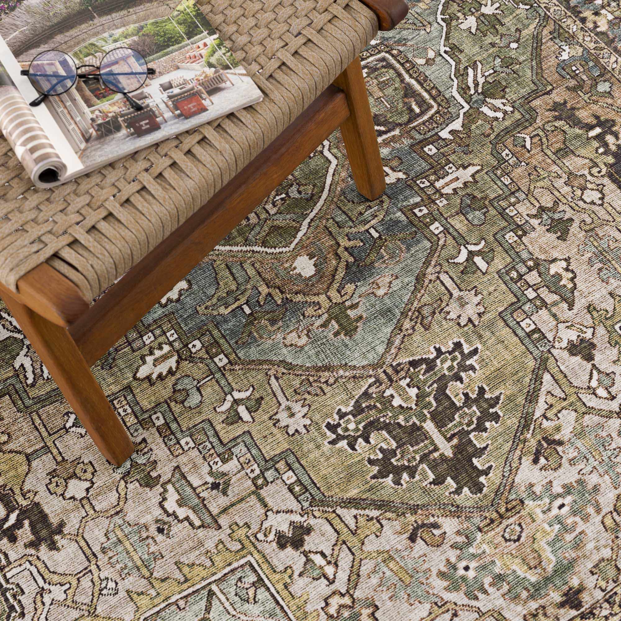 Vintage Style Traditional Heriz Medallion Green, Tan and Charcoal area rug - Image 16