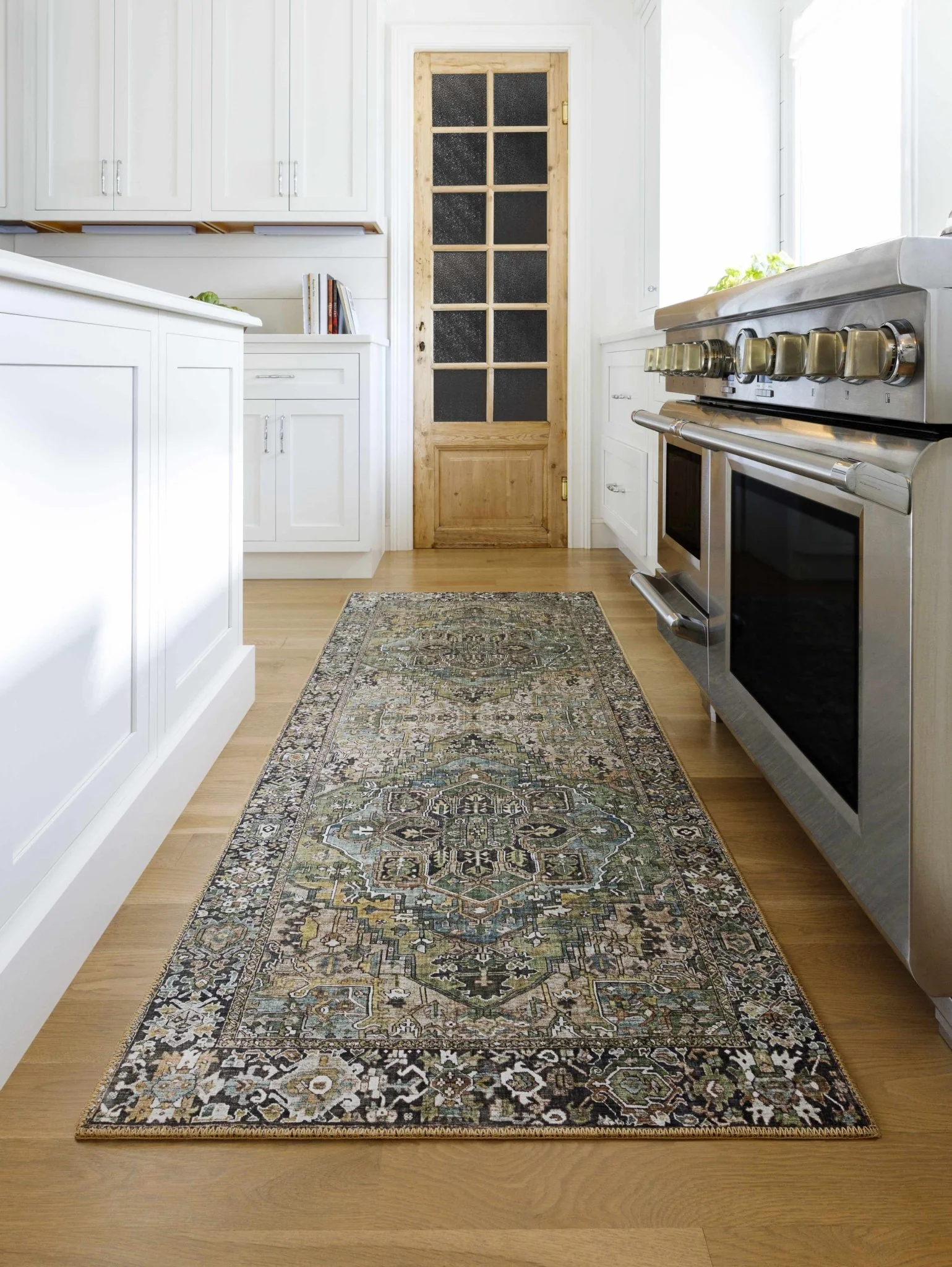 Vintage Style Traditional Heriz Medallion Green, Tan and Charcoal area rug - Image 17
