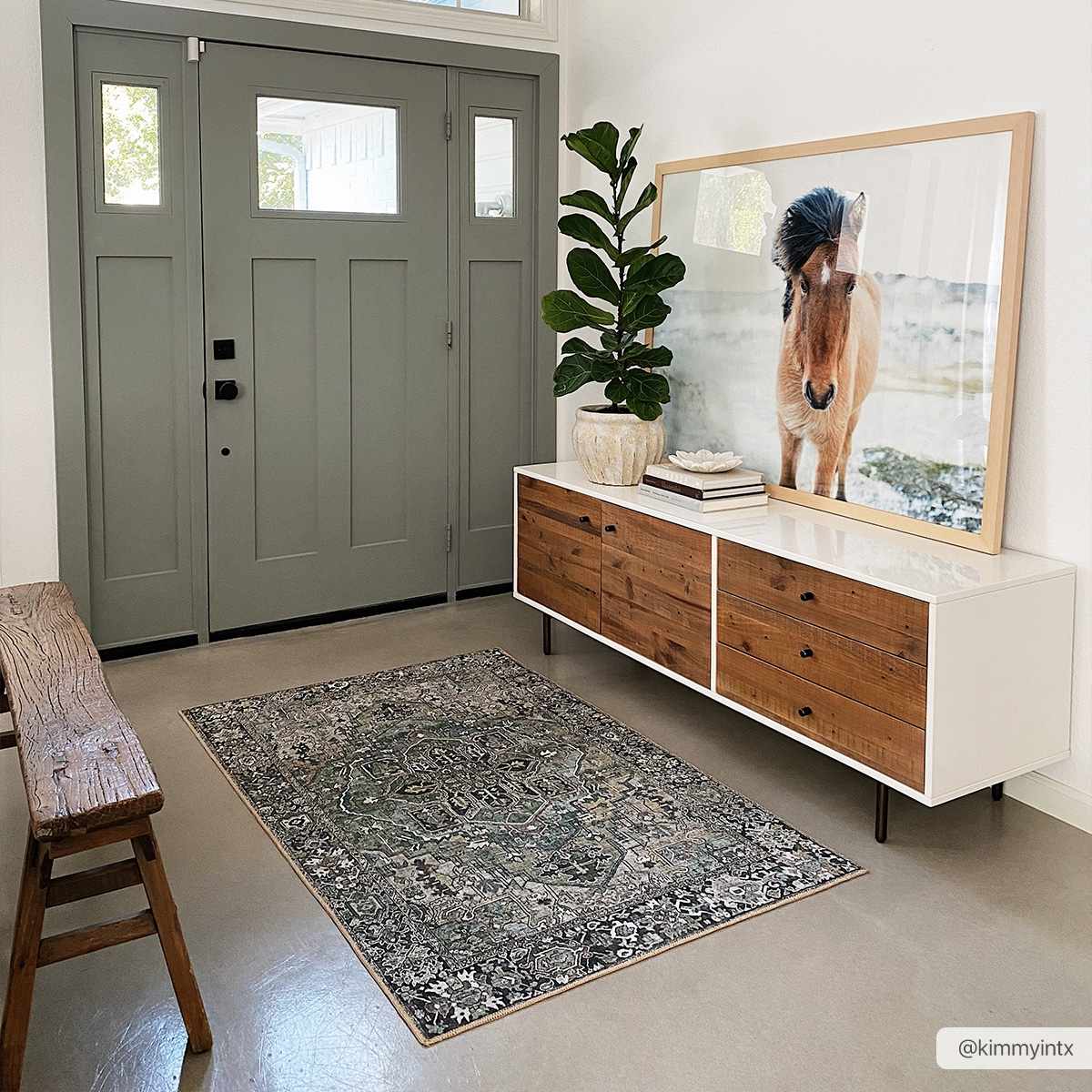 Vintage Style Traditional Heriz Medallion Green, Tan and Charcoal area rug - Image 2