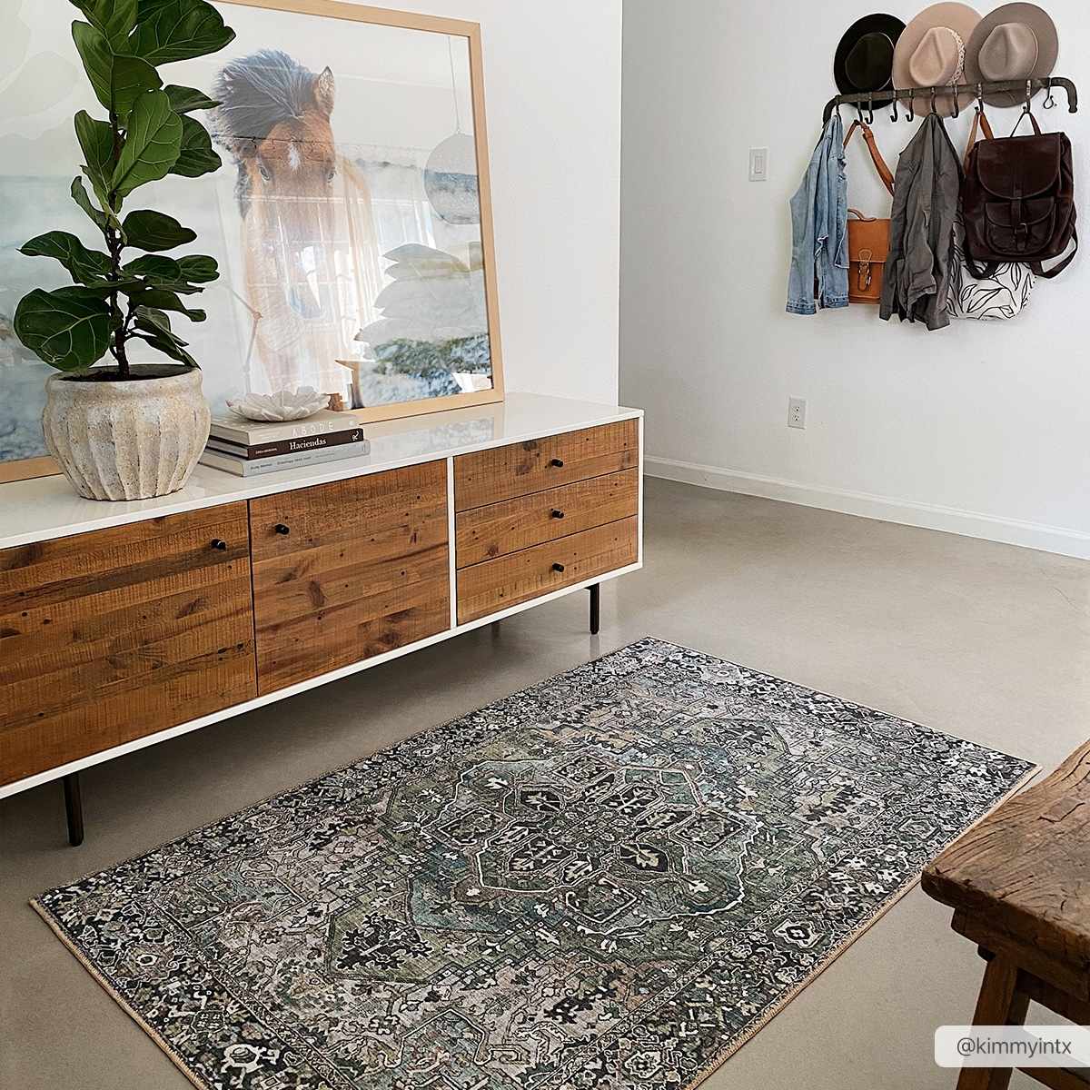 Vintage Style Traditional Heriz Medallion Green, Tan and Charcoal area rug - Image 3
