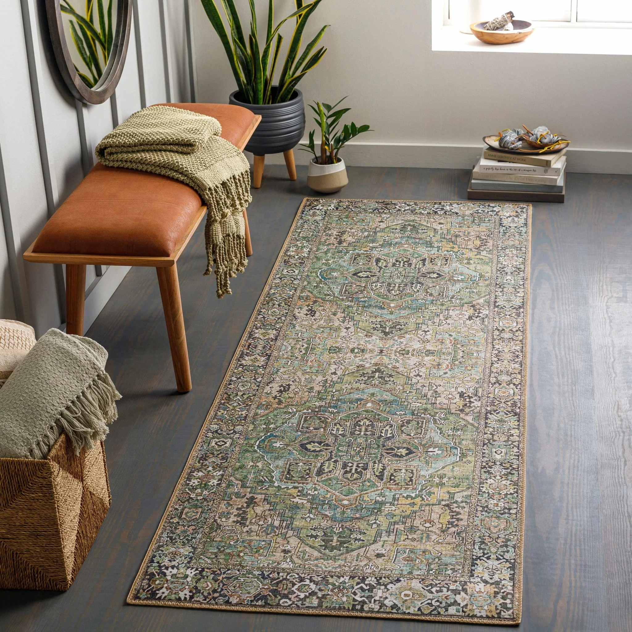 Vintage Style Traditional Heriz Medallion Green, Tan and Charcoal area rug - Image 5