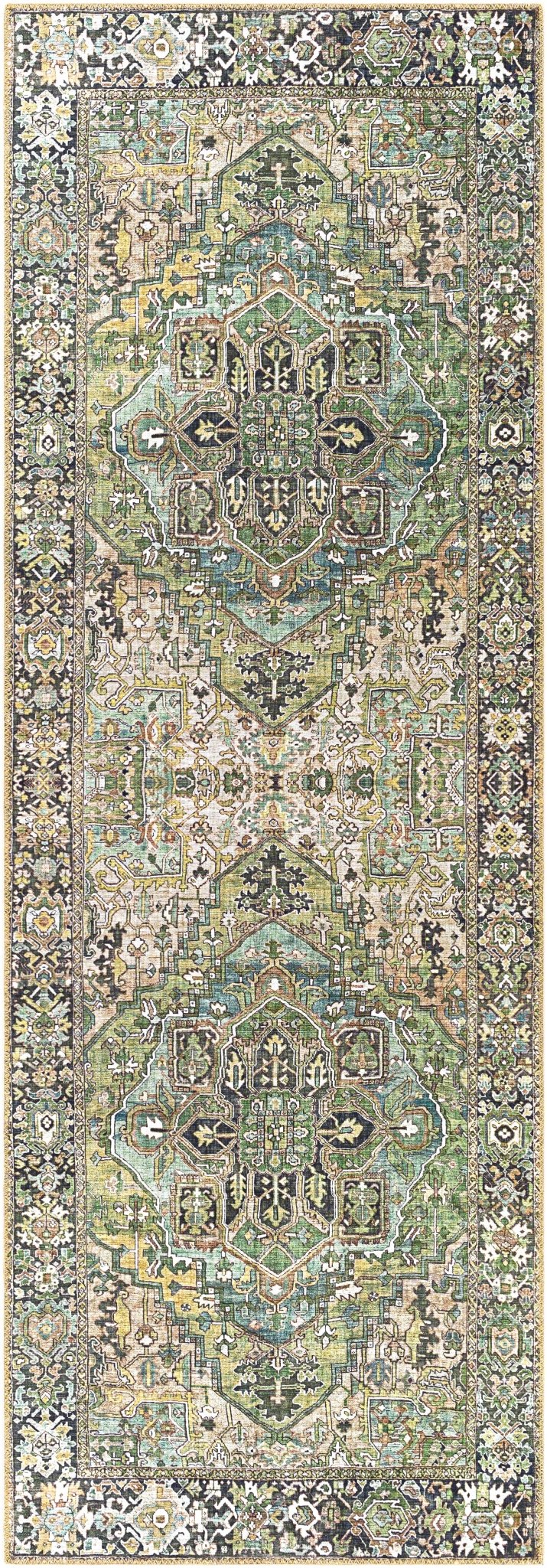 Vintage Style Traditional Heriz Medallion Green, Tan and Charcoal area rug - Image 7