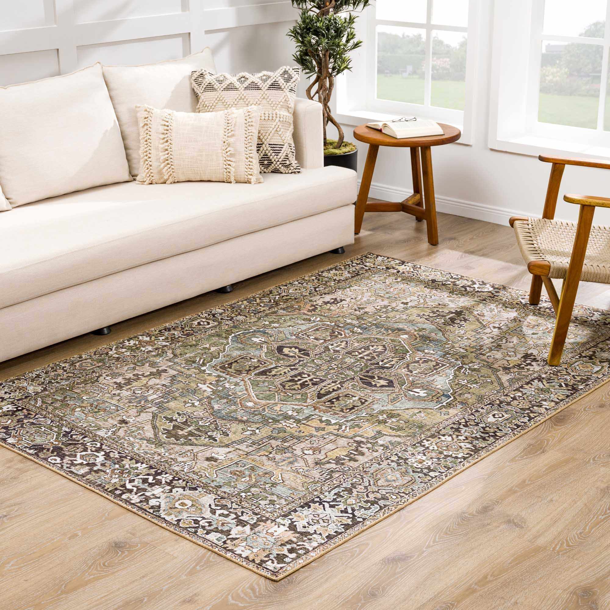 Vintage Style Traditional Heriz Medallion Green, Tan and Charcoal area rug - Image 8
