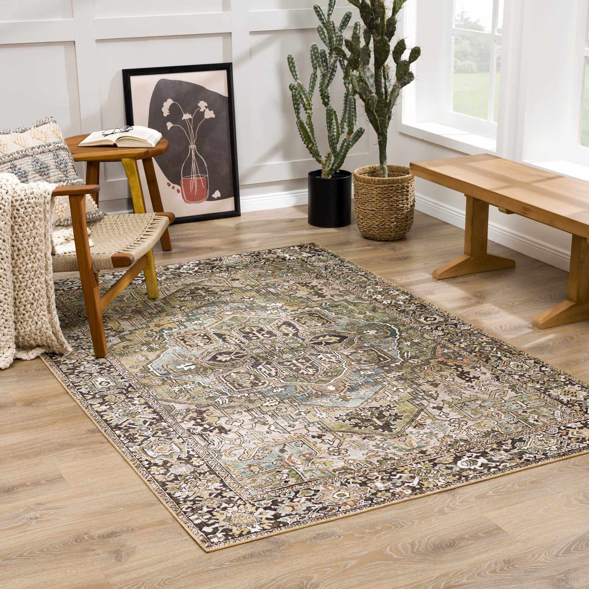 Vintage Style Traditional Heriz Medallion Green, Tan and Charcoal area rug - Image 9