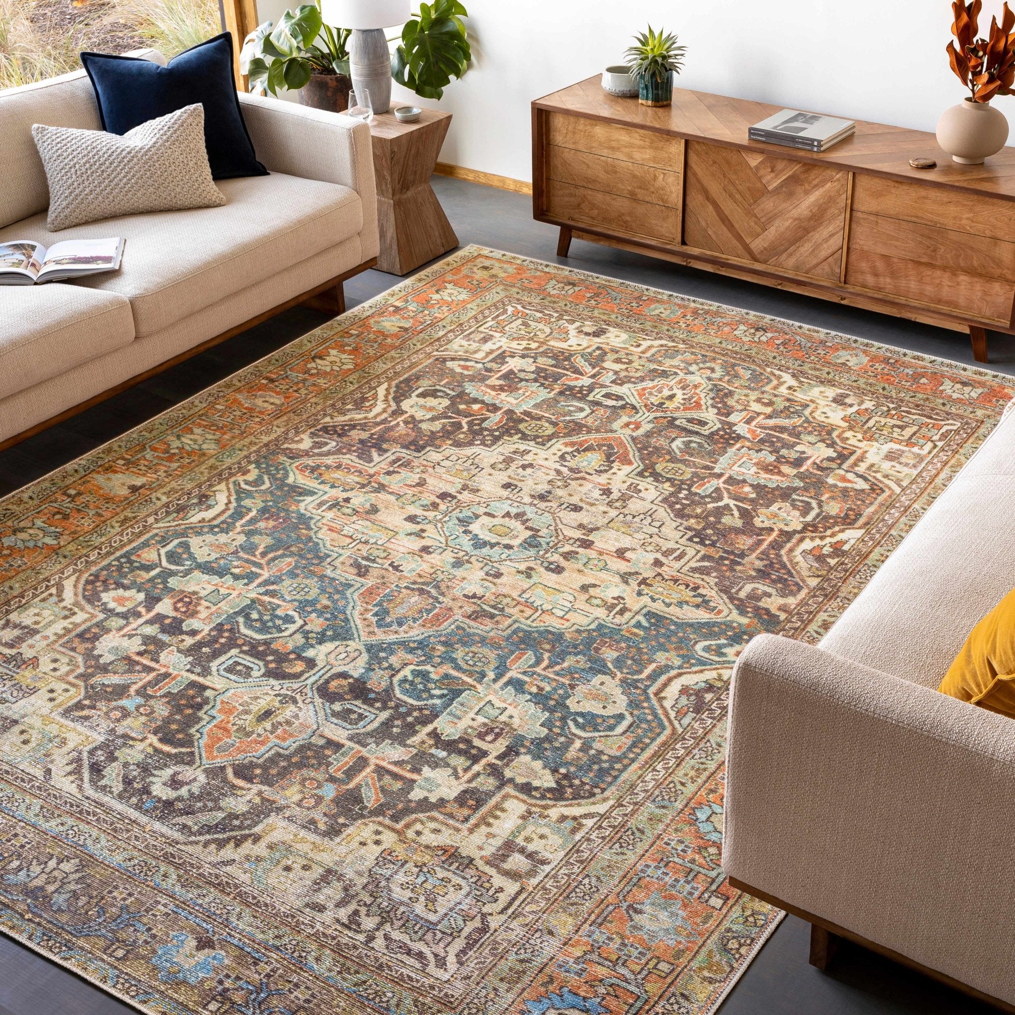 Vintage Style Traditional Maroon, Blue, Beige and Rust Machine Washable Area Rug - Image 2