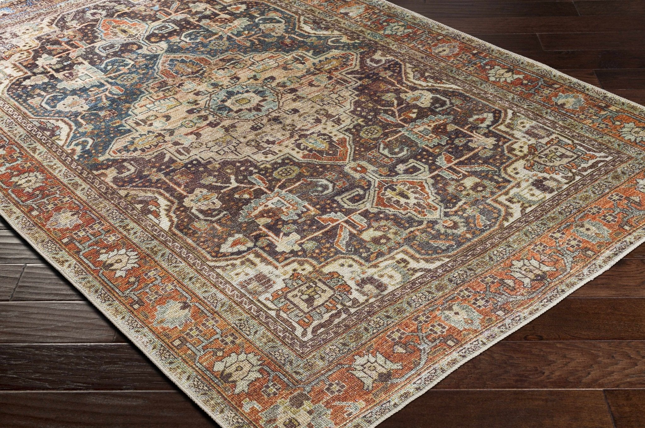 Vintage Style Traditional Maroon, Blue, Beige and Rust Machine Washable Area Rug - Image 3