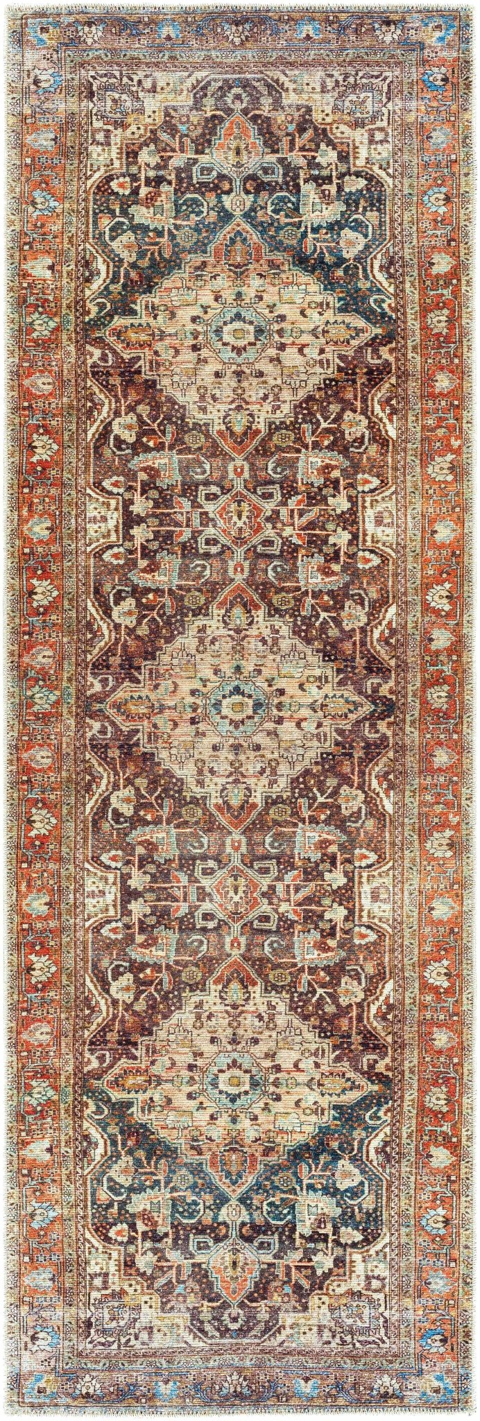 Vintage Style Traditional Maroon, Blue, Beige and Rust Machine Washable Area Rug - Image 4