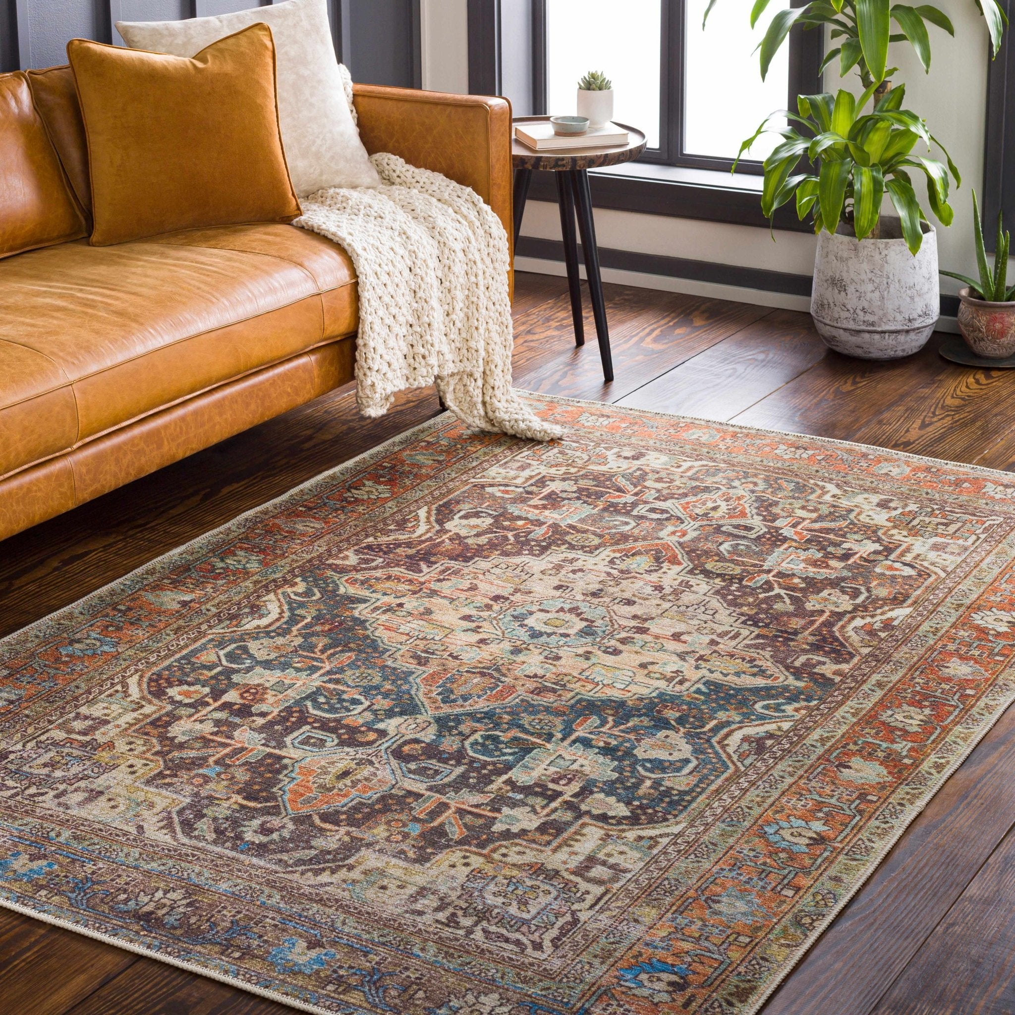 Vintage Style Traditional Maroon, Blue, Beige and Rust Machine Washable Area Rug - Image 6
