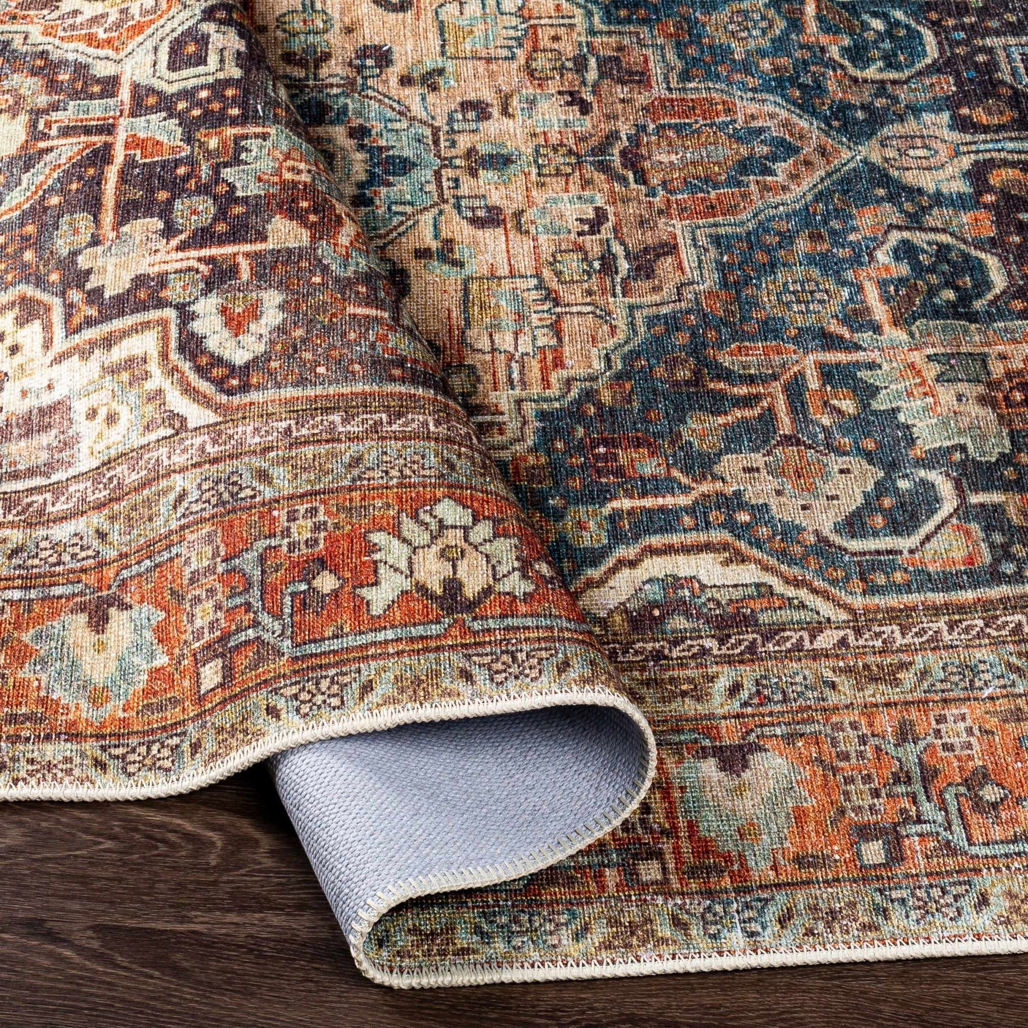 Vintage Style Traditional Maroon, Blue, Beige and Rust Machine Washable Area Rug - Image 9