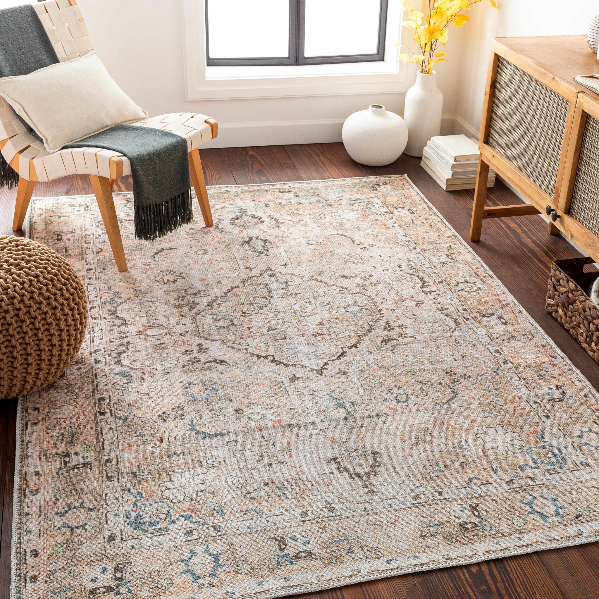 Vintage Style Traditional medallion Machine woven Rust, Charcoal and Silver Machine Washable Rug - Image 12
