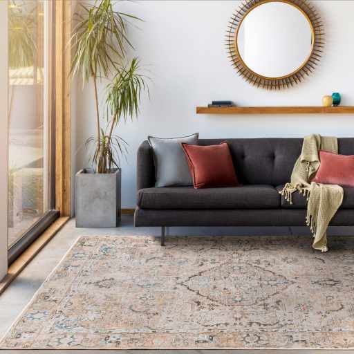Vintage Style Traditional medallion Machine woven Rust, Charcoal and Silver Machine Washable Rug - Image 2