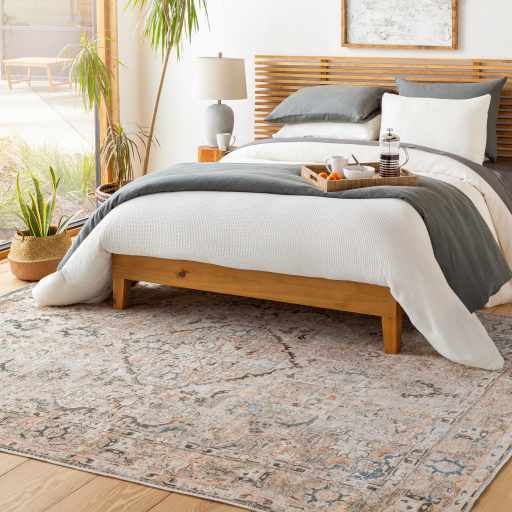 Vintage Style Traditional medallion Machine woven Rust, Charcoal and Silver Machine Washable Rug - Image 6