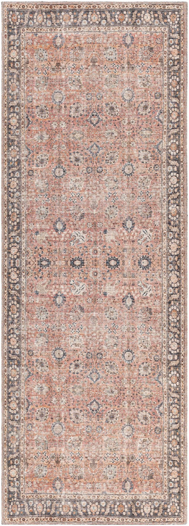 Traditional Design Floral Rust And Charcoal Washable Area Rug - Image 10