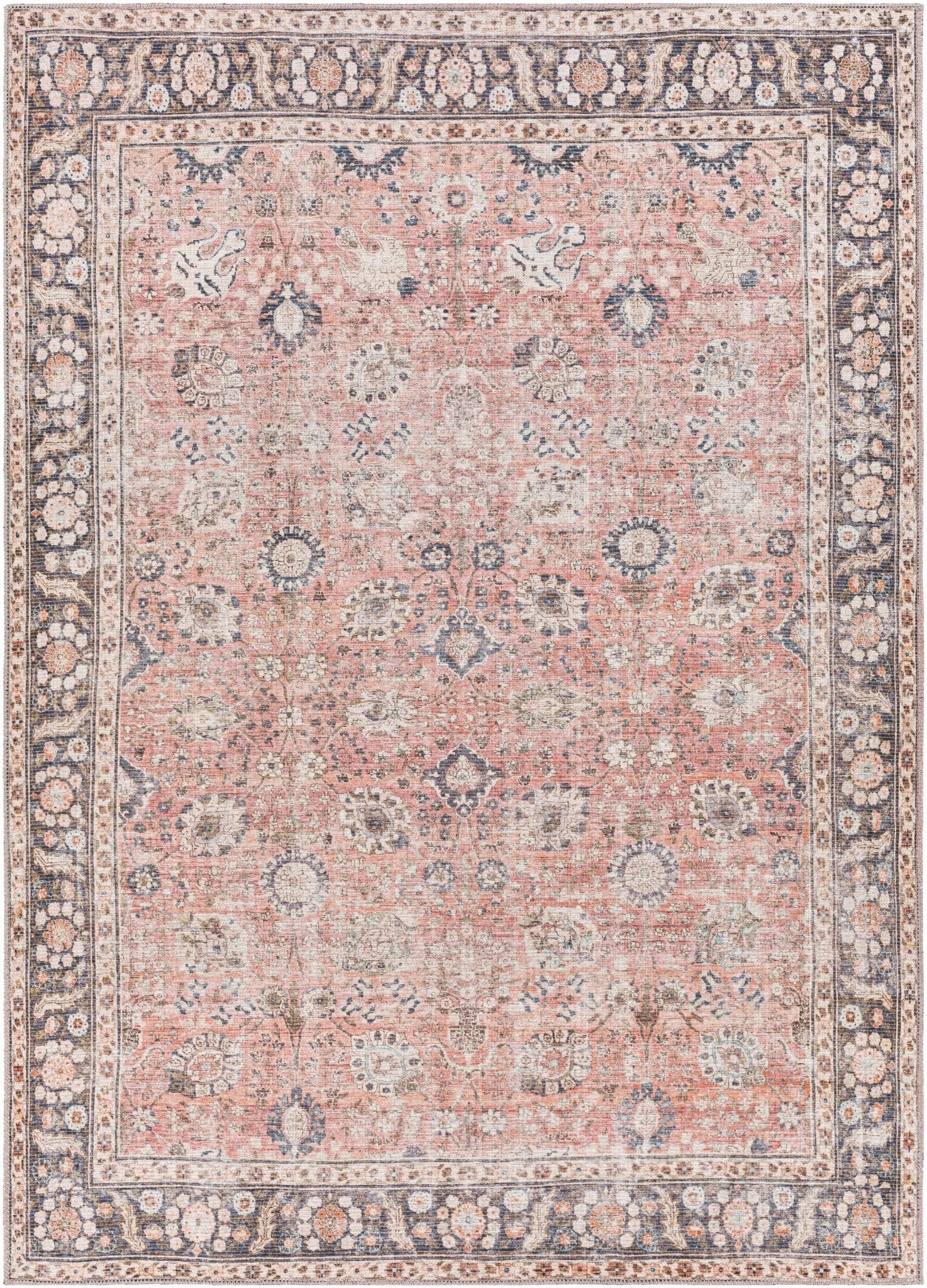Traditional Design Floral Rust And Charcoal Washable Area Rug - Image 11