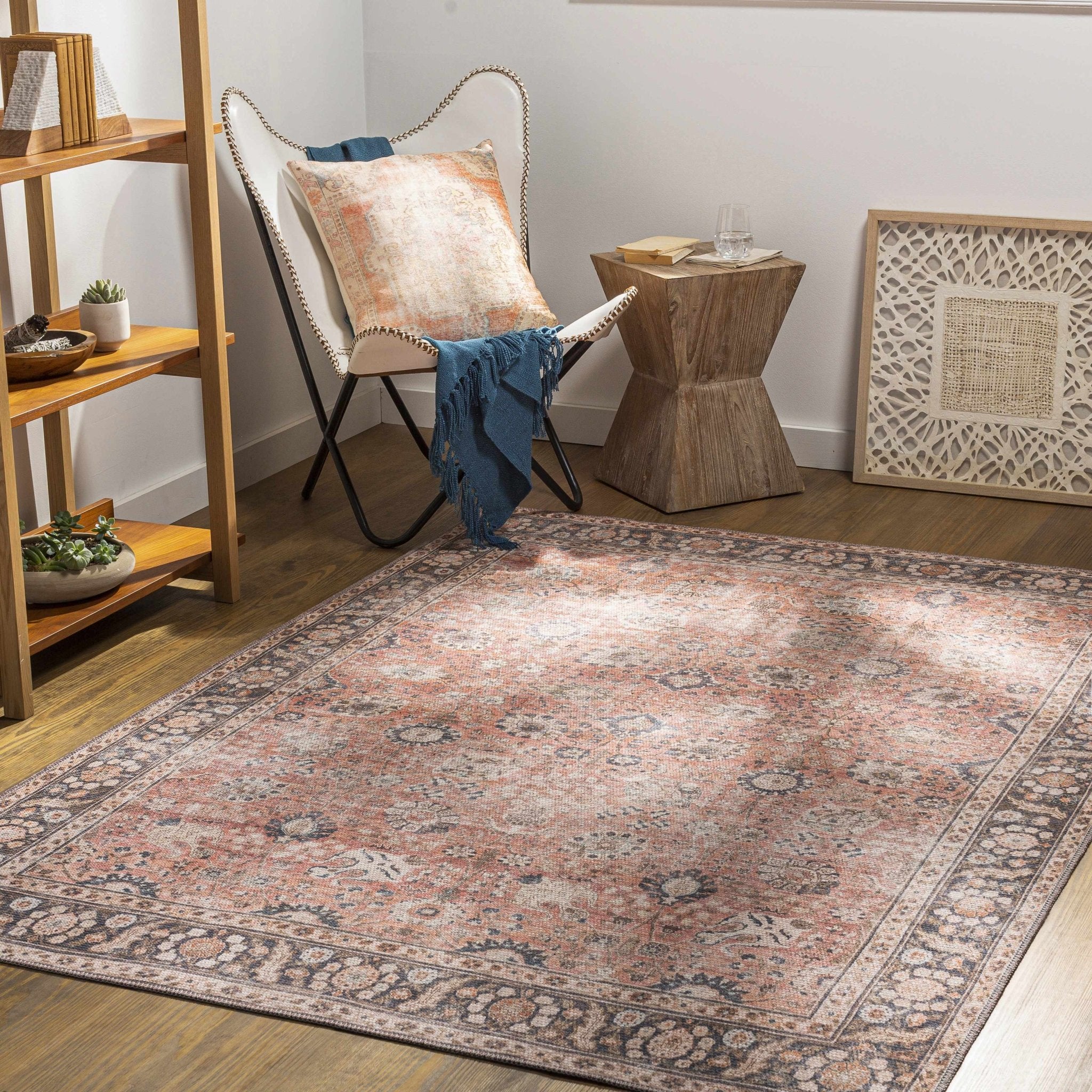 Traditional Design Floral Rust And Charcoal Washable Area Rug - Image 2