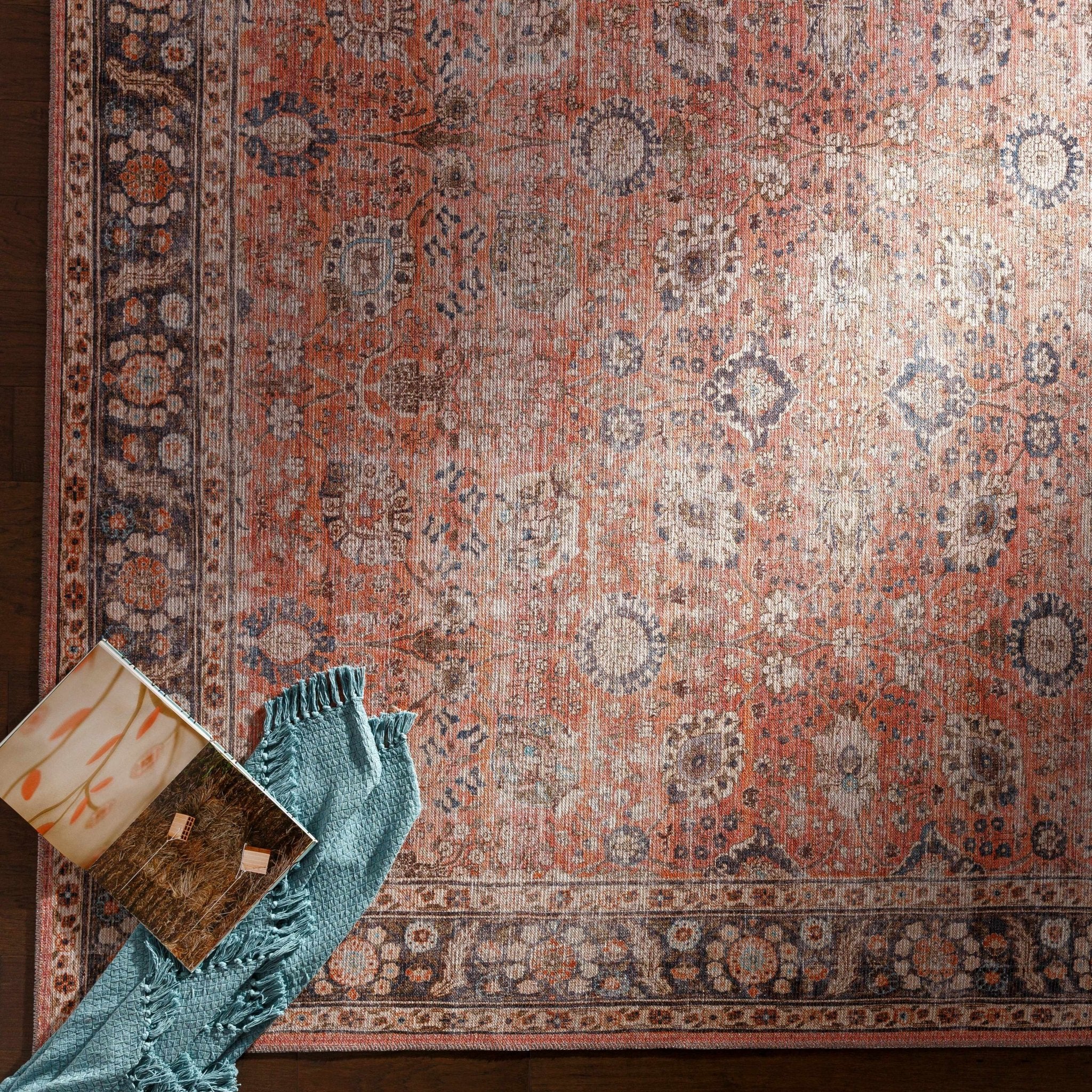 Traditional Design Floral Rust And Charcoal Washable Area Rug - Image 3